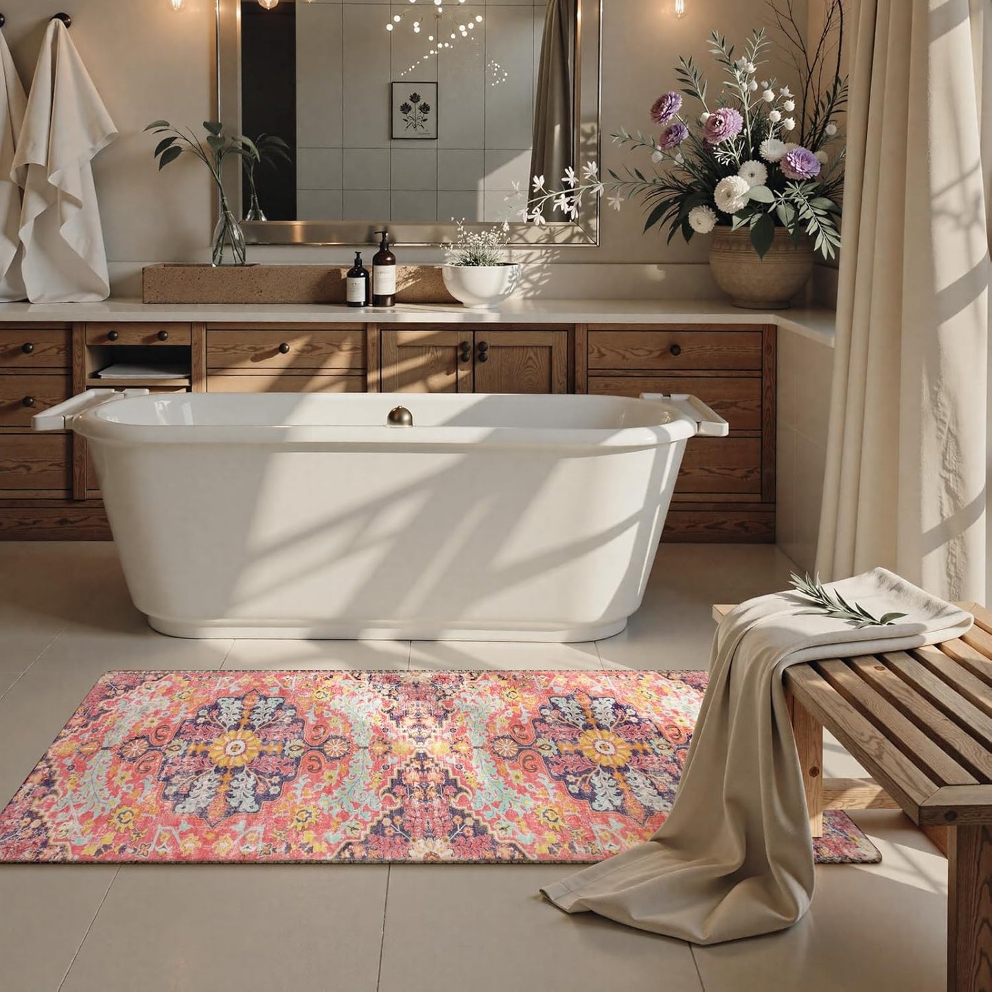 Lahome Bohemian Washable 2x5 Hot Pink Kitchen Runner Rug, Non Slip Bathroom Laundry Room Rug Runner, Floral Medallion Soft Carpet Runners for Entryway Hallway Foyer Decor