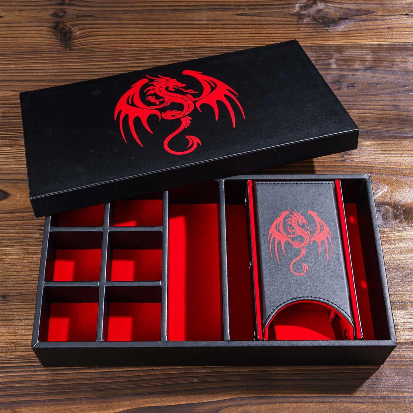 4 in 1 D&D Storage Dice Box Portable Rolling Tray and Dice Tower, Leather DND Holder Case for Role Playing Games Table Games - Red