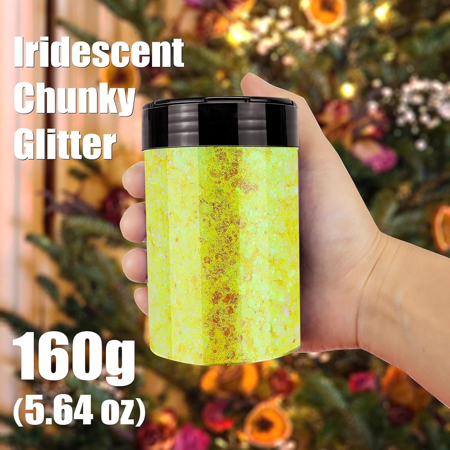 Iridescent Chunky Glitter 5.64oz/160g, Ultra Fine Glitter Powder Mixed Chunky PET Flakes Sequins for Resin Epoxy Craft Arts, Tumbler, Cosmetic Glitter for Body Nail Hair Eye Party (Iridescent Yellow)