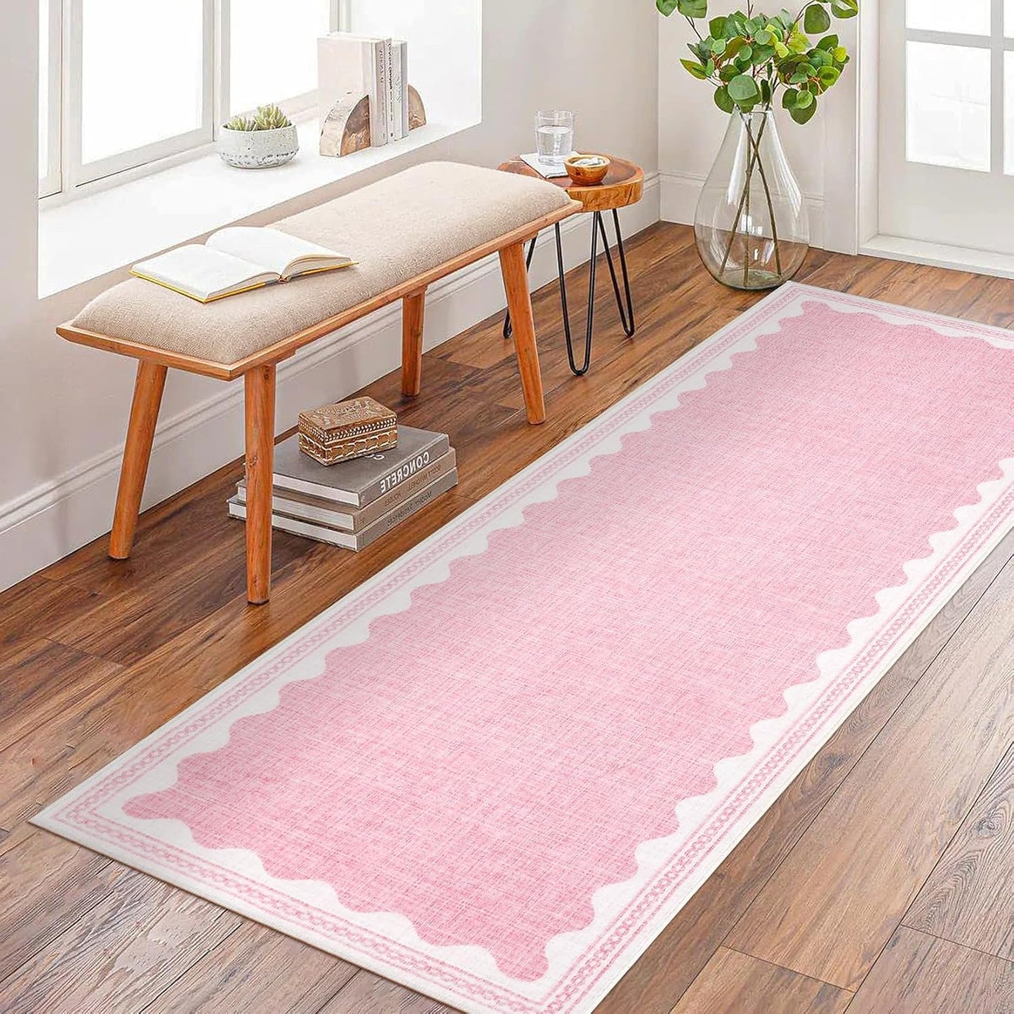 Scalloped Rug 2.5x8 Runners for Hallways, Solid Pink Runner Rugs Non Slip Scalloped Bath Runner, Washable Mat for Bedroom Girls, Rugs for Kitchen Floor Soft Dorm Nursery Carpet for Bedside