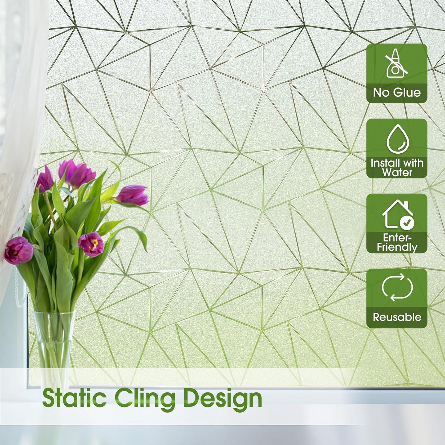 Coavas Window Privacy Film, Frosted Glass Static Cling, Decorative for Bathroom Door Covering, UV Blocking Window Cling, Non-Adhesive Vinyl Sticker, Day and Night Windows Tint for Home, 35.4x157.5 in