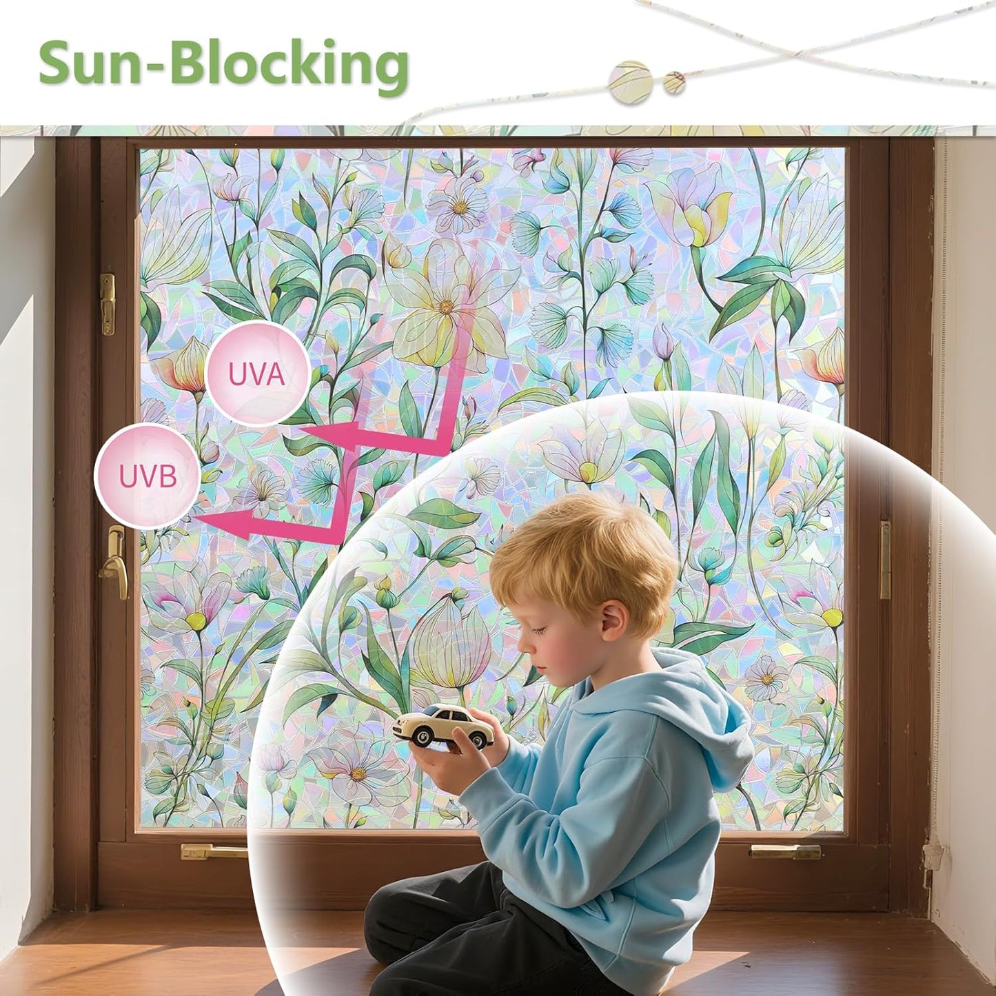 FINNEZ Window Privacy Film Stain Glass Film Flowers Rainbow Window Film Window Clings Non-Adhesive Reusable Decorative for Home（Forest Rainbow，23.6 Inch x 6.5 Feet）