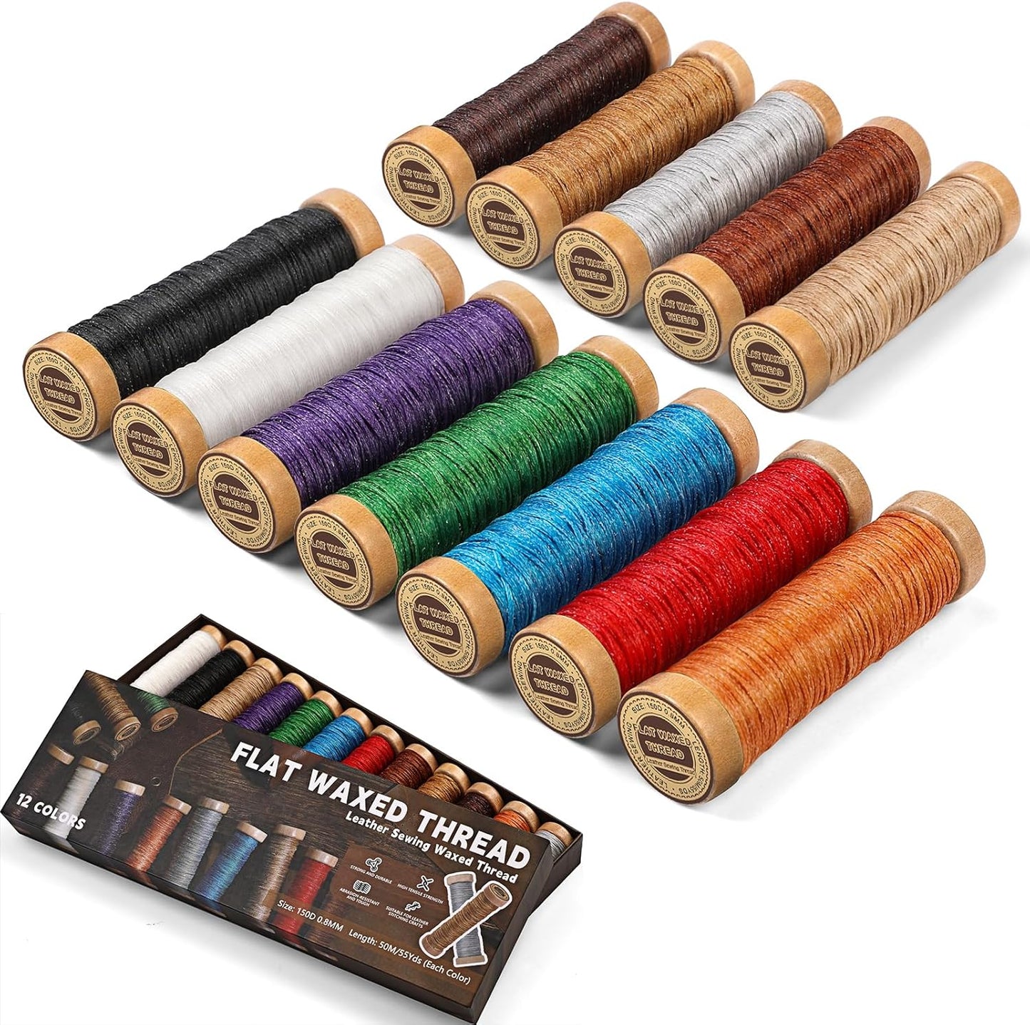 12 Colors Waxed Thread for Leather Sewing, 660 Yards Flat Leather Sewing Thread, 150D Waxed Cord for Stitching Repairing Book Binding Canvas Sofa Furniture