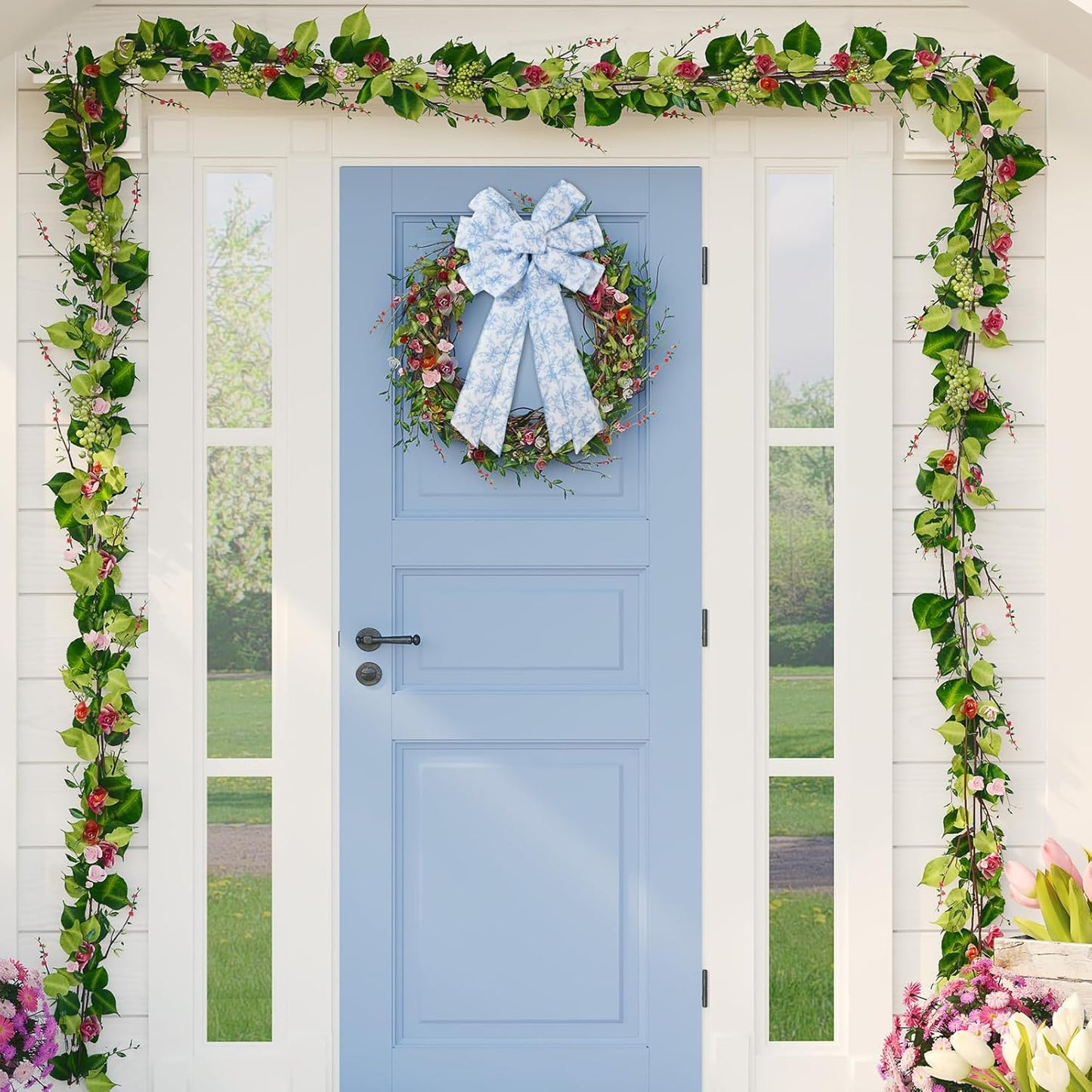 Blue Floral Bow Wired Edge Ribbon Chinoiserie Flower Bowknot Fabric Ribbon for DIY Crafts Wreath Bow Making Supplies, 12 Yard