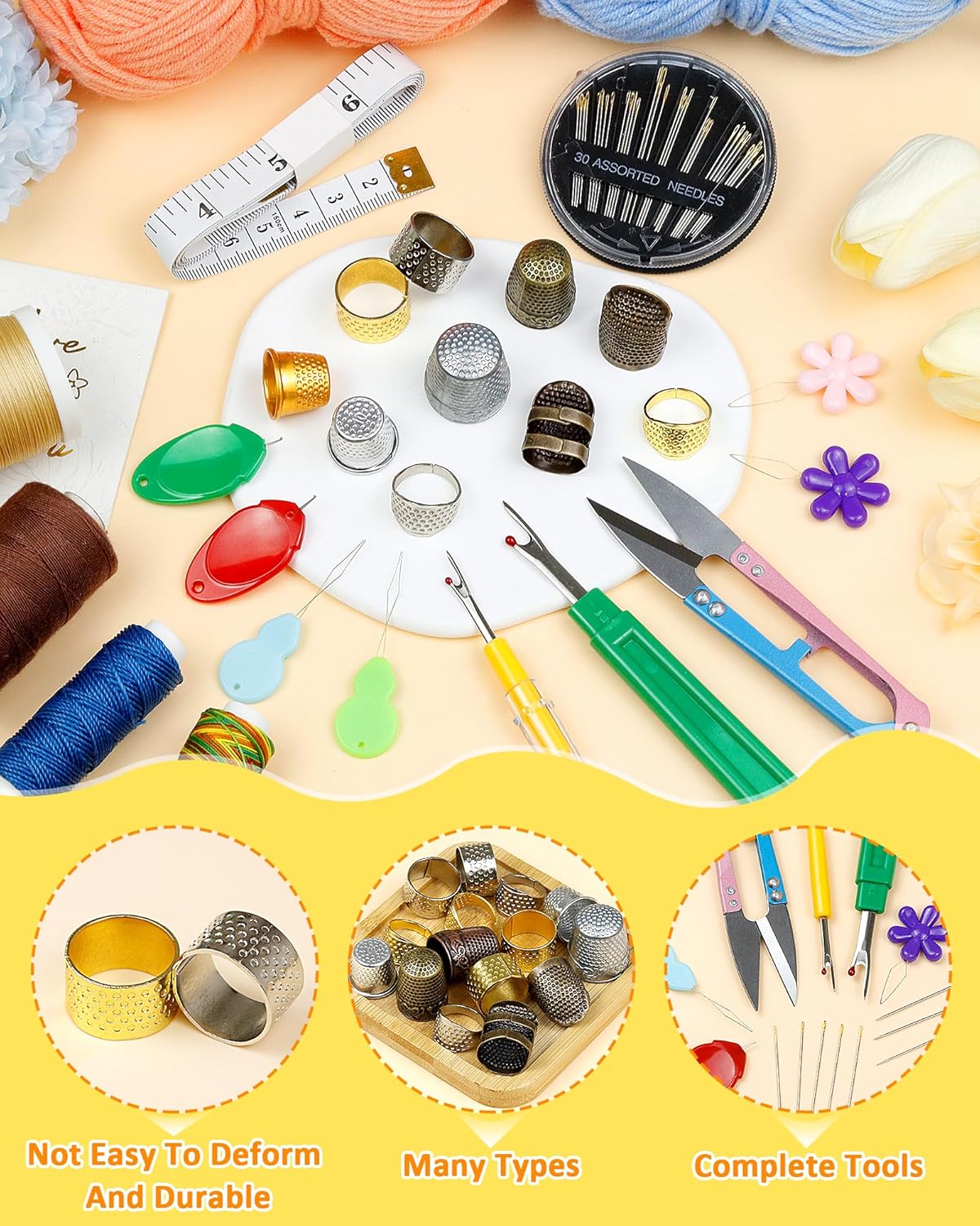 FIVEIZERO Thimble Kit– Sewing Thimbles for Hand Sewing, Metal Finger Protectors, Thimble Ring for Quilting, Includes Needle Threader, Embroidery Needles, Seam Ripper, Measuring Tape and Thread Snips