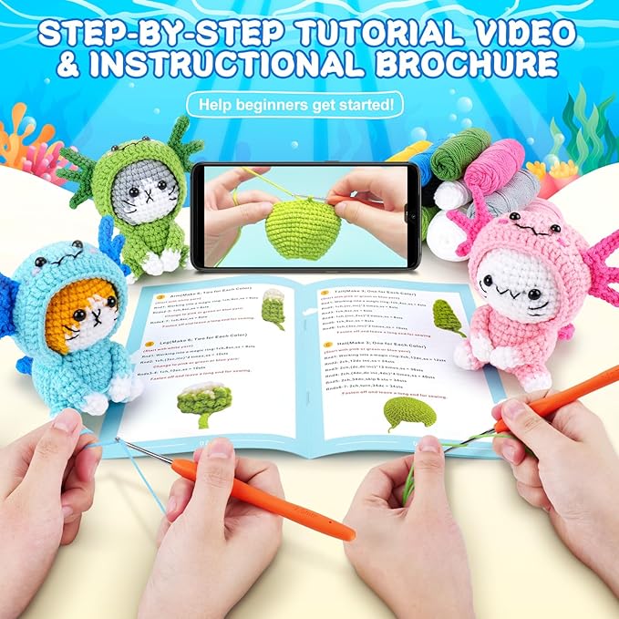 Fortuning's JDS Crochet Kit for Beginners - 3 PCS Axolotl Cat Crochet Kits with Step-by-Step Video Tutorials, Beginner Crochet Kit for Adults, Crochet Cat Dressed as Axolotl Set