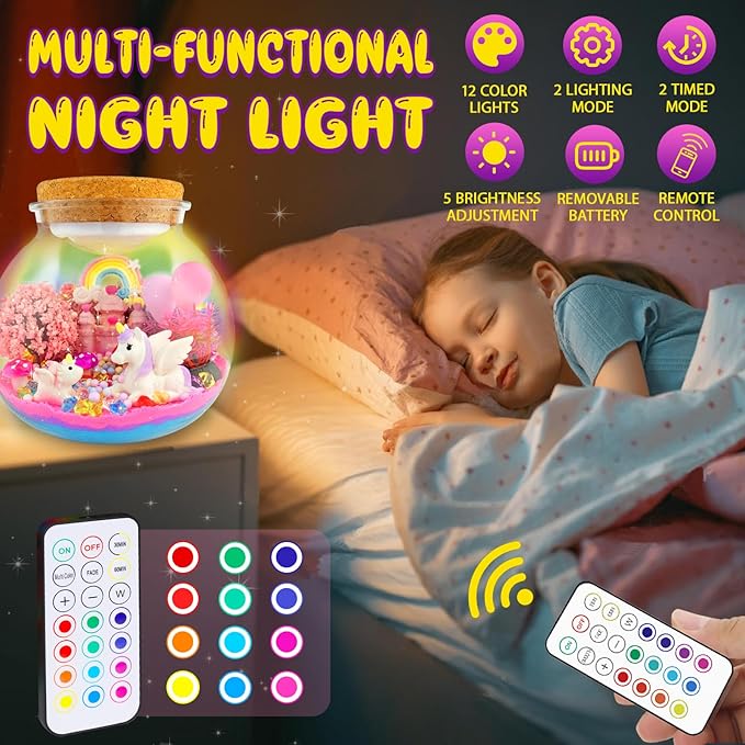 7july Unicorn Terrarium Crafts Kit for Kids-LED Night Light Up & Remote Unicorn Birthday Gifts Toys for Girls Ages5 6 7 8 9 10 Year Old-Christmas Gifts for Girls