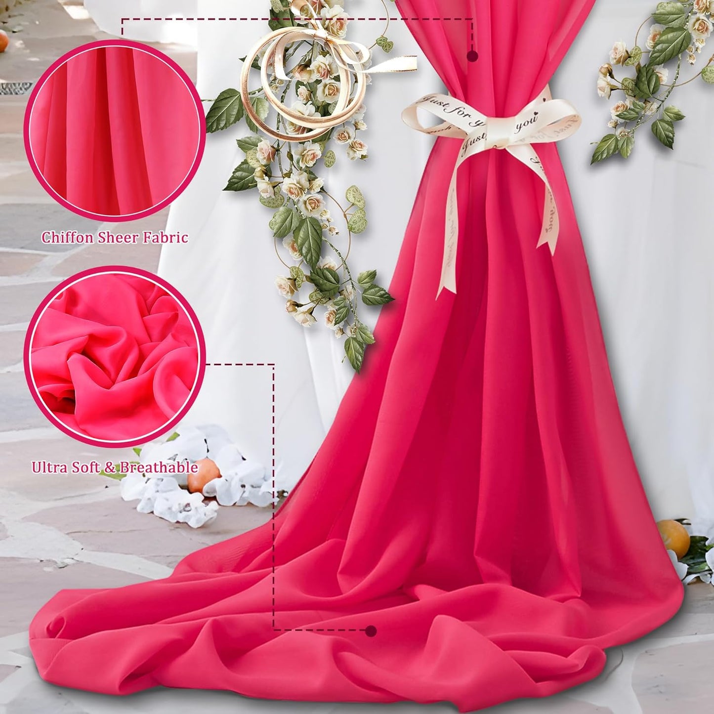 Horbaunal Hot Pink Chiffon Fabric by The Yard, 1 Yard Continuous Sheer Fabric 59" Wide Soft Draping Fabric for Wedding Arch Draping Party Backdrop DIY Sewing