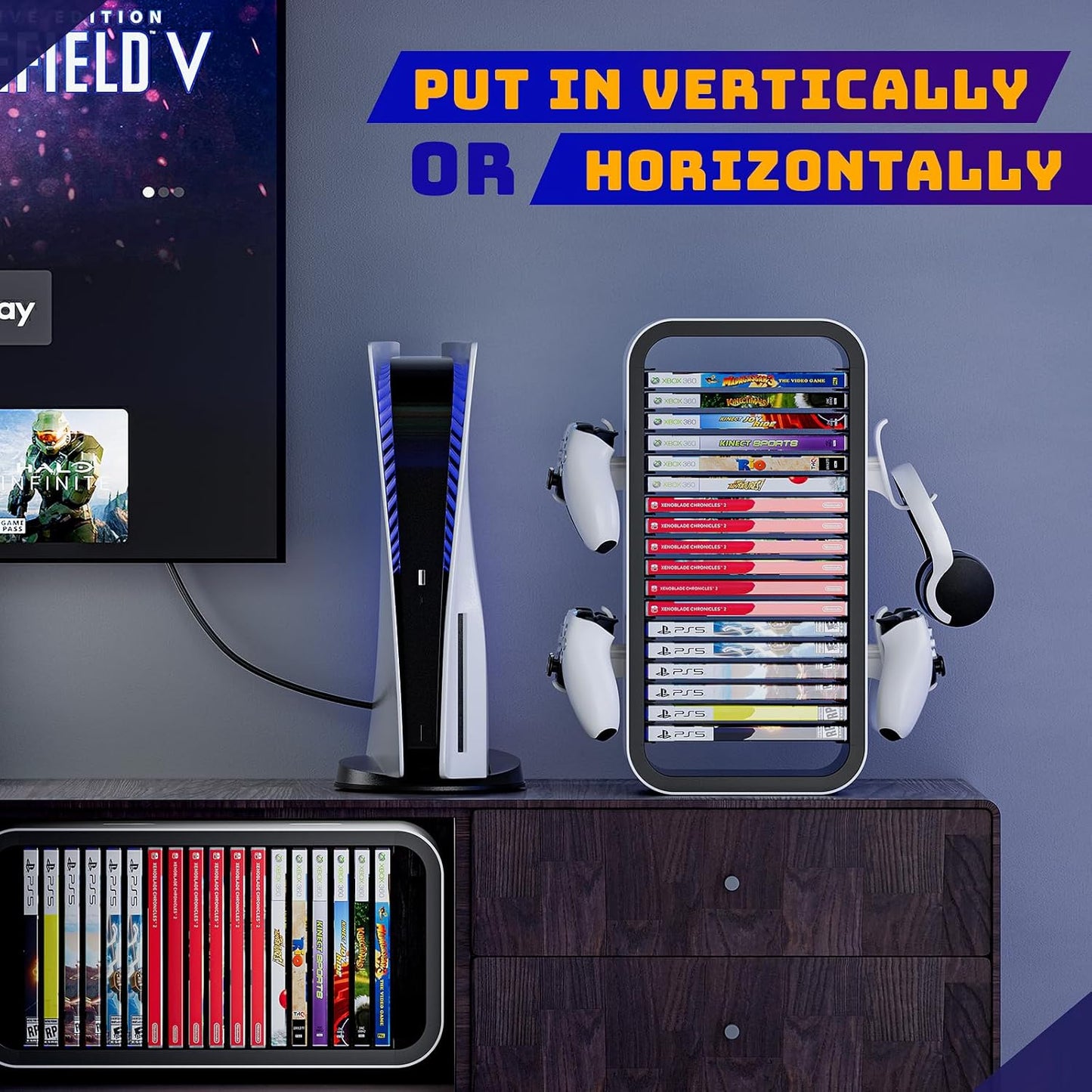 Allnice Universal Game Rack - Stores 19 Games, 4 Controller Holders, Organizes PS5/PS4/Xbox One/360/Series X/S/Switch & More