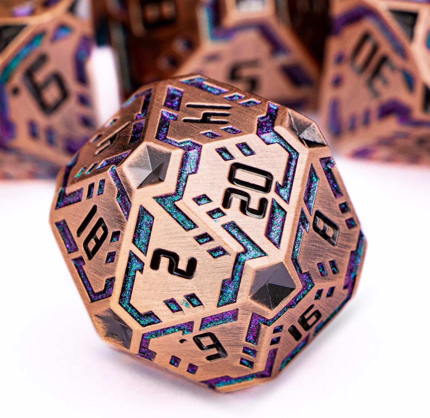 Metal DND Sci-fi Dice Set 7PCS Stripe Polyhedral Dice for Dungeons Dragons RPG Role Playing Game, Glitter D and D Dice with Gift Box D6 D8 D10 D12 D20 (Ancient Bronze&Green Purple)