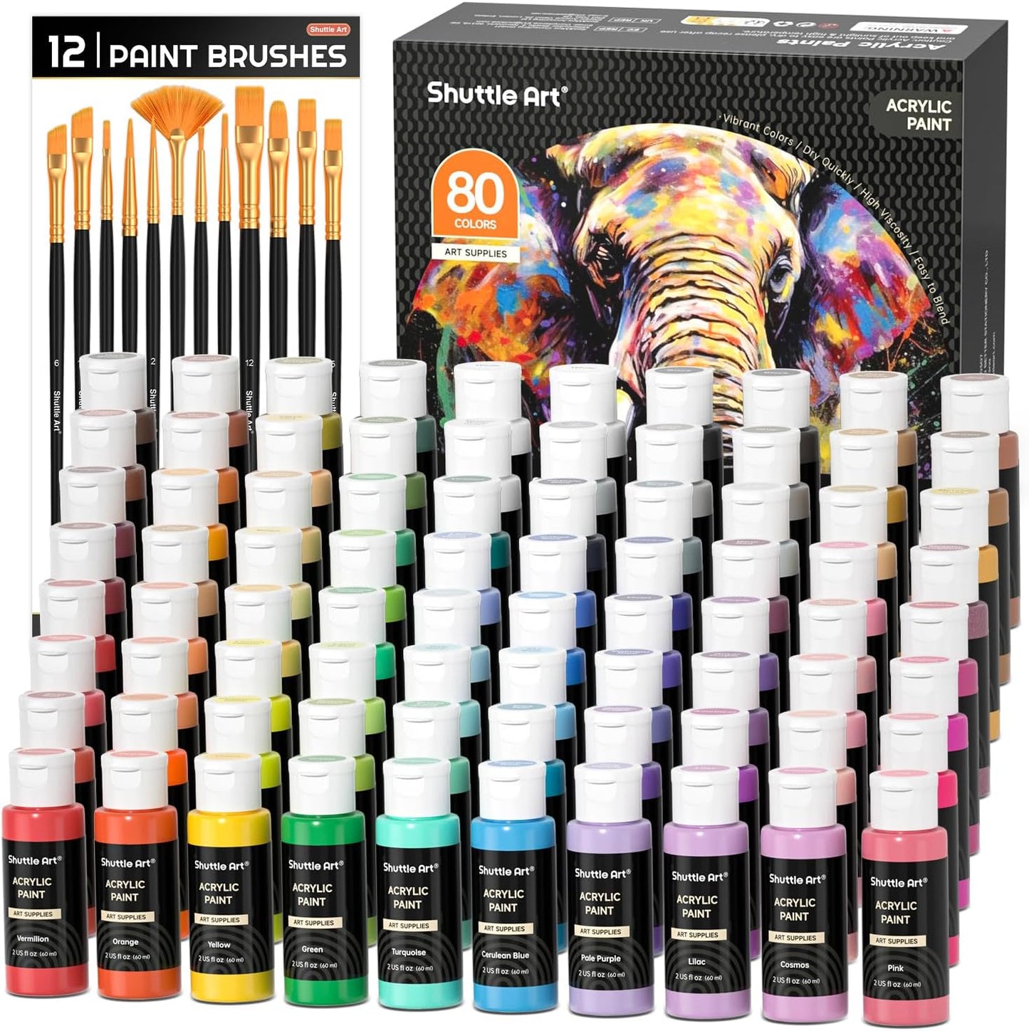 Shuttle Art 80 Colors Acrylic Paint, Acrylic Paint set with 12 Paint Brushes, 2oz/60ml Bottles, Rich Pigmented, Premium Paints for Artists, Beginners and Kids on Canvas Rocks Wood Ceramic