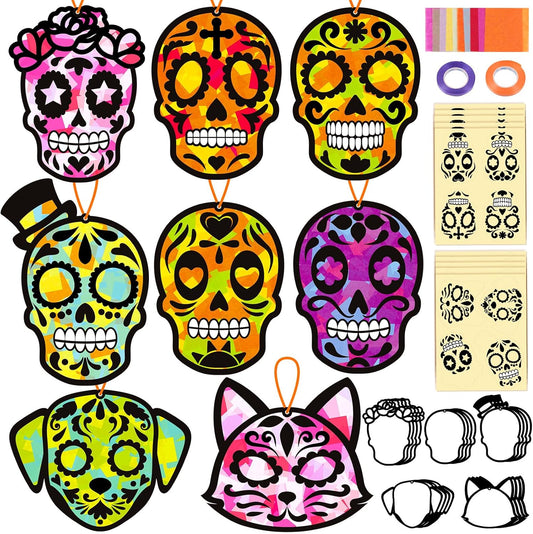 Renbuzhu 36PCS Dia De Los Muertos Crafts Bulk: Sugar Skull Paper Suncatchers DIY Kit for Day of The Dead Halloween Party Activities Decorations, Window Stained Glass Effect Art Supplies