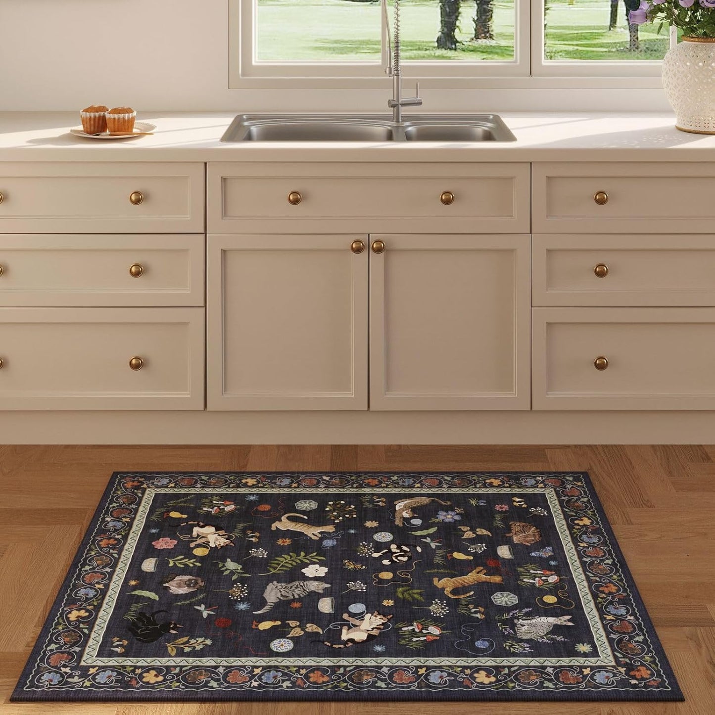 Rugcomf Door Mat Indoor Entrance 2x3 Rug Machine Washable Boho Floral Animal Cat Small Area Rug Non-Slip Low Pile Throw Rugs for Entryway Kitchen Front Door Entry Kids Room, Cobalt Blue