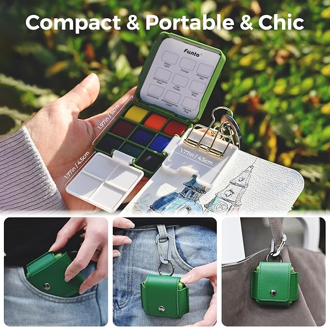 Funto Mini Watercolor Travel Set, Travel Artist Outdoor Sketch Kits with 2 Foldable Palettes, Portable Leather Case and Metal Clip, Kit for Art Lovers