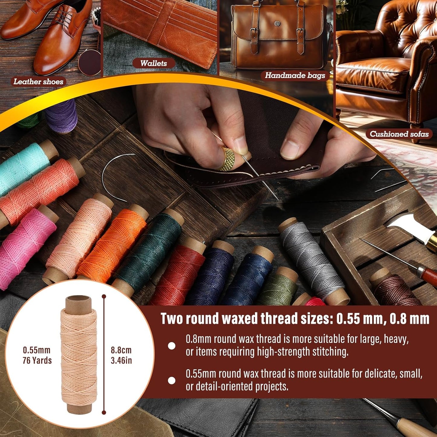 0.55 mm Round Waxed Thread, 14 Colors 76 Yards Spool Wax Coated String, Leather Sewing Waxed Thread for Sewing, Stitching, Beading, Bookbinding, Bracelet, Braiding