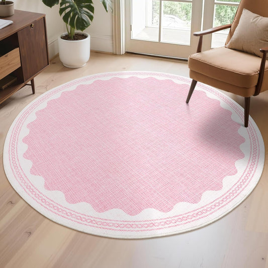 Scalloped Round Rug 4ft, Small Area Rugs Solid Pink Rug for Bedroom Girls, Washable Rugs for Living Room, Non Slip Scalloped Round Bath Mat, Soft Dorm Nursery Carpet for Bedside