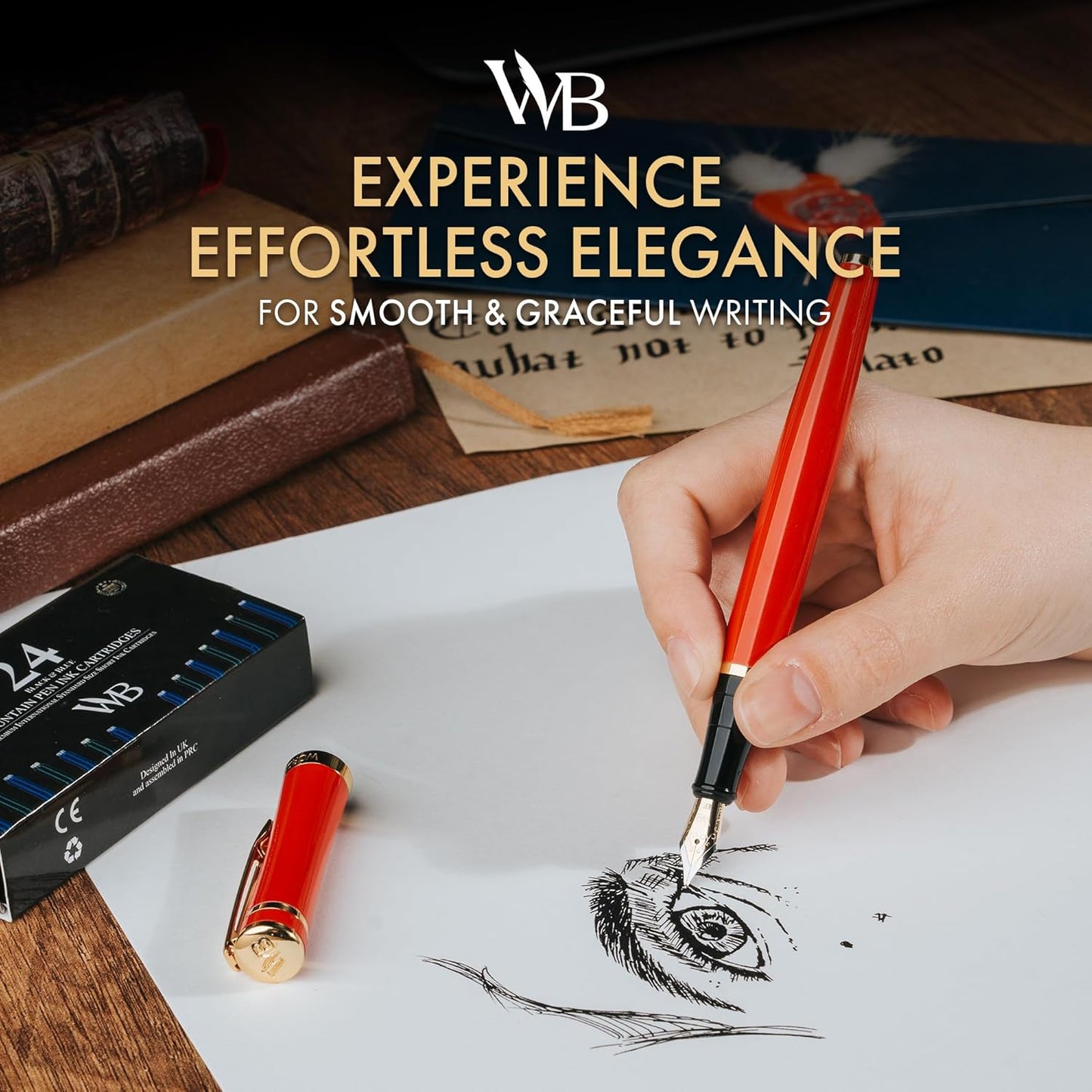 Wordsworth & Black Fountain Pen Set, 18K Gilded Extra Fine Nib, Includes 24 Pack Ink Cartridges, Ink Refill Converter & Gift Box, Gold Finish, Calligraphy, [Crimson Red], Perfect for Men & Women