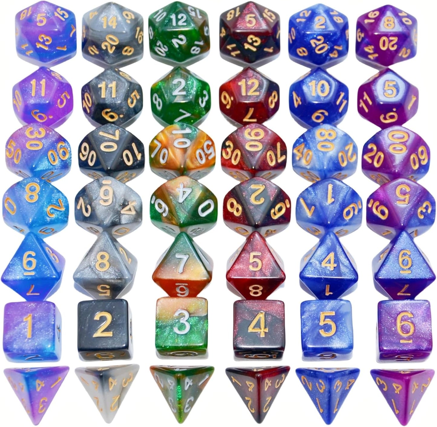 SmartDealsPro 6 x 7 Sets (42 pcs) Glitter Polyhedral Dice Sets with Pouches for DND RPG MTG Dungeon and Dragons Table Board Roll Playing Games D4 D8 D10 D12 D20 (Color 2)
