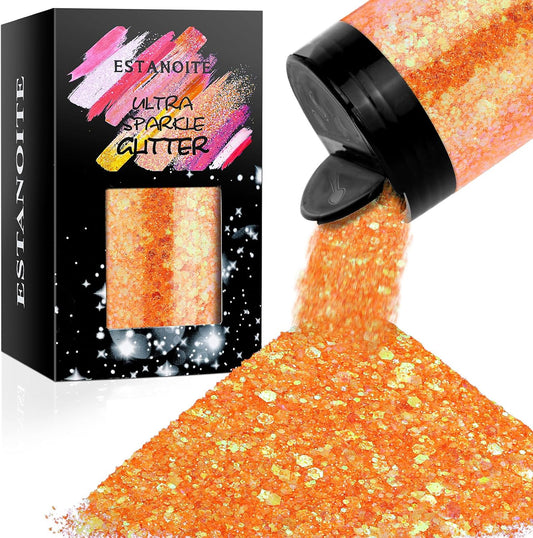 Iridescent Chunky Glitter 5.64oz/160g, Ultra Fine Glitter Powder Mixed Chunky PET Flakes Sequins for Resin Epoxy Craft Arts, Tumbler, Cosmetic Glitter for Body Nail Hair Eye Party Festival (Orange)