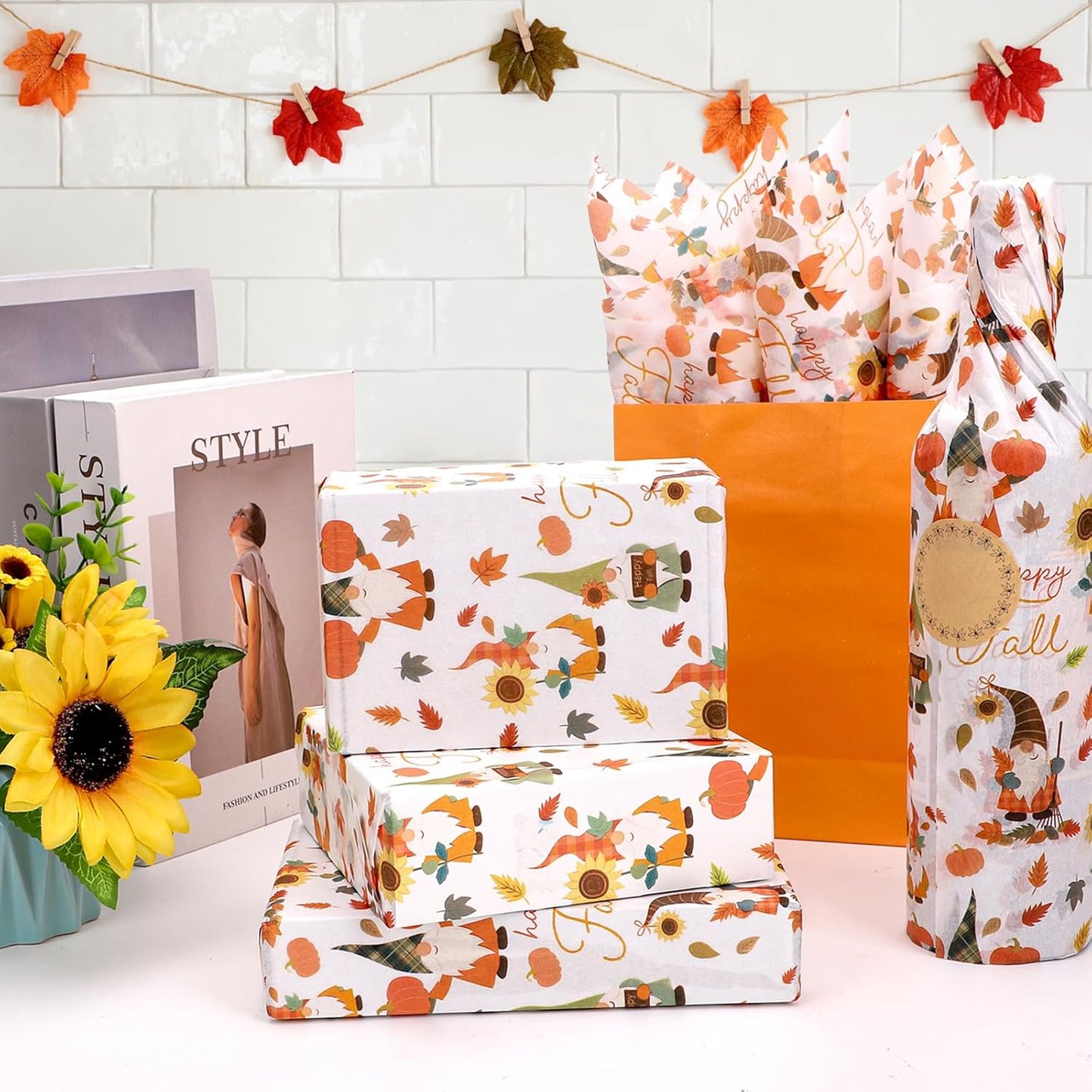 Azurestore 60 Sheets Fall Tissue Paper, Orange Gnomes Patterns Gift Tissue Paper for Gift Bags & Gifts Wrapping, Pumpkin Leaves Print Art Packaging for Autumn Harvest Thanksgiving Party Decor Craft