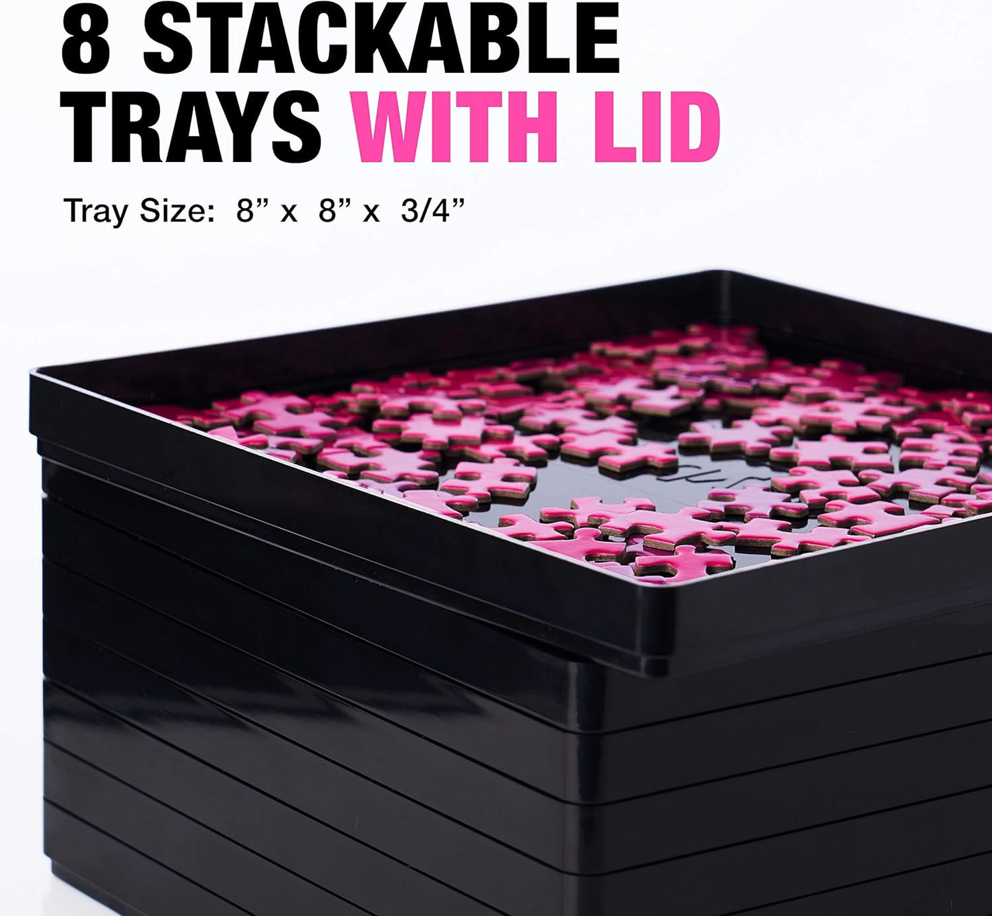 8 Puzzle Sorting Trays with Lid 8" x 8" - Jigsaw Puzzle Accessories Black Background Makes Pieces Stand Out to Better Sort Patterns, Shapes and Colors | for Puzzles Up to 1500 Pieces