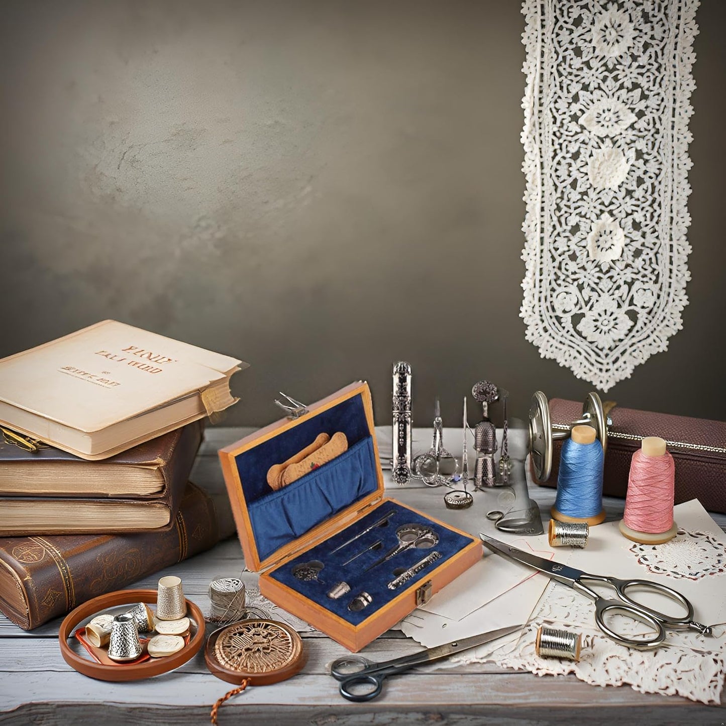 Vintage Embroidery Scissors Set, Comfortable Handle, Stainless Steel, Antique Design, Complete Sewing Kit for Embroidery, Needlework, with Thimble, Threader, and Needle Case