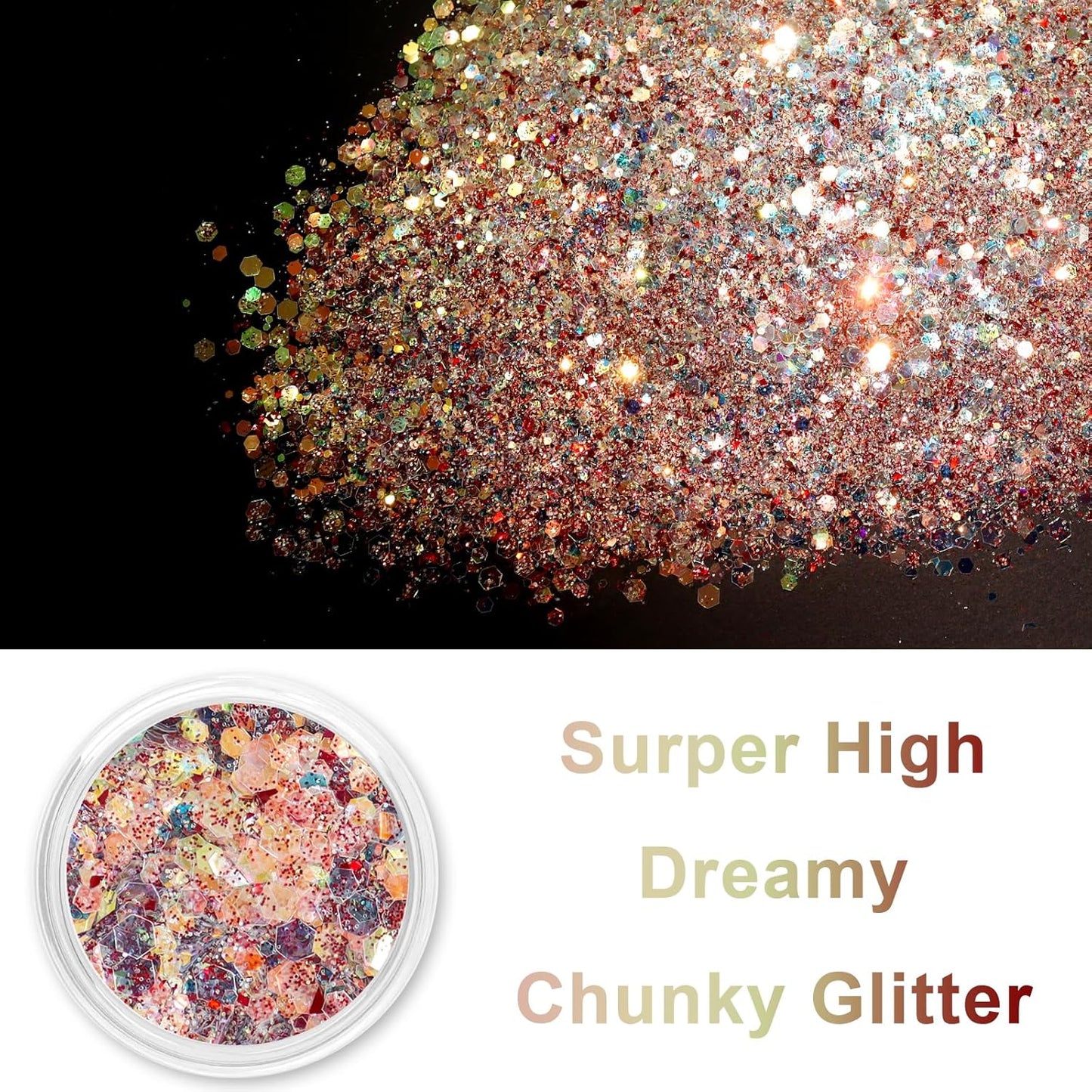 Renfio Opal Chunky Glitter, 1.75oz/50g Red Glitter, Dreamy High Sparkle Glitter for Crafts Holographic Fine Glitter Mix Iridescent Glitters Flake for Resin Nails Hair Snow Globe - Christmas Carnivals