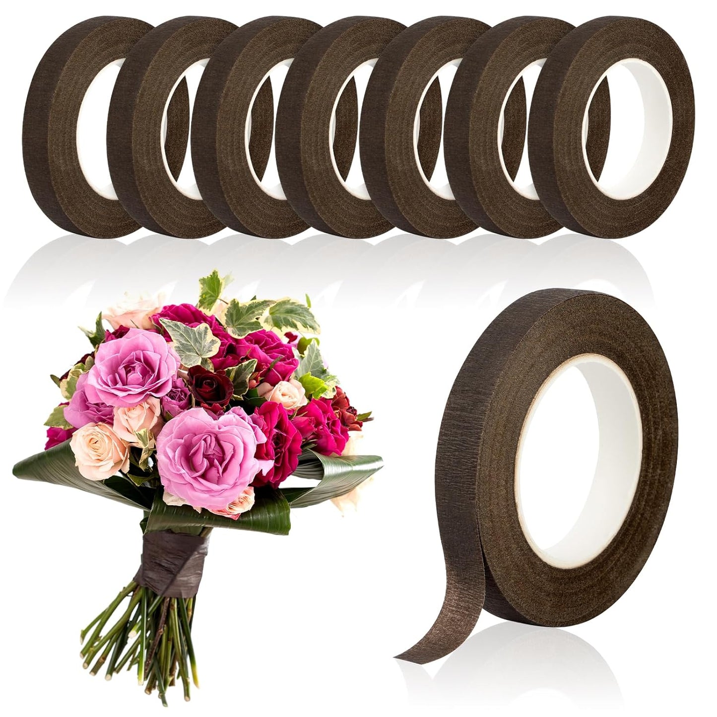 8 Packs Floral Tape, 1/2" Wide Flower Tape, Brown Floral Tape for Fresh Flowers, Adhesive Florist Tape for Floral Crafts, Bouquet Floral Arranging Stem Wrapping, Wedding Bouquet, 30Yard