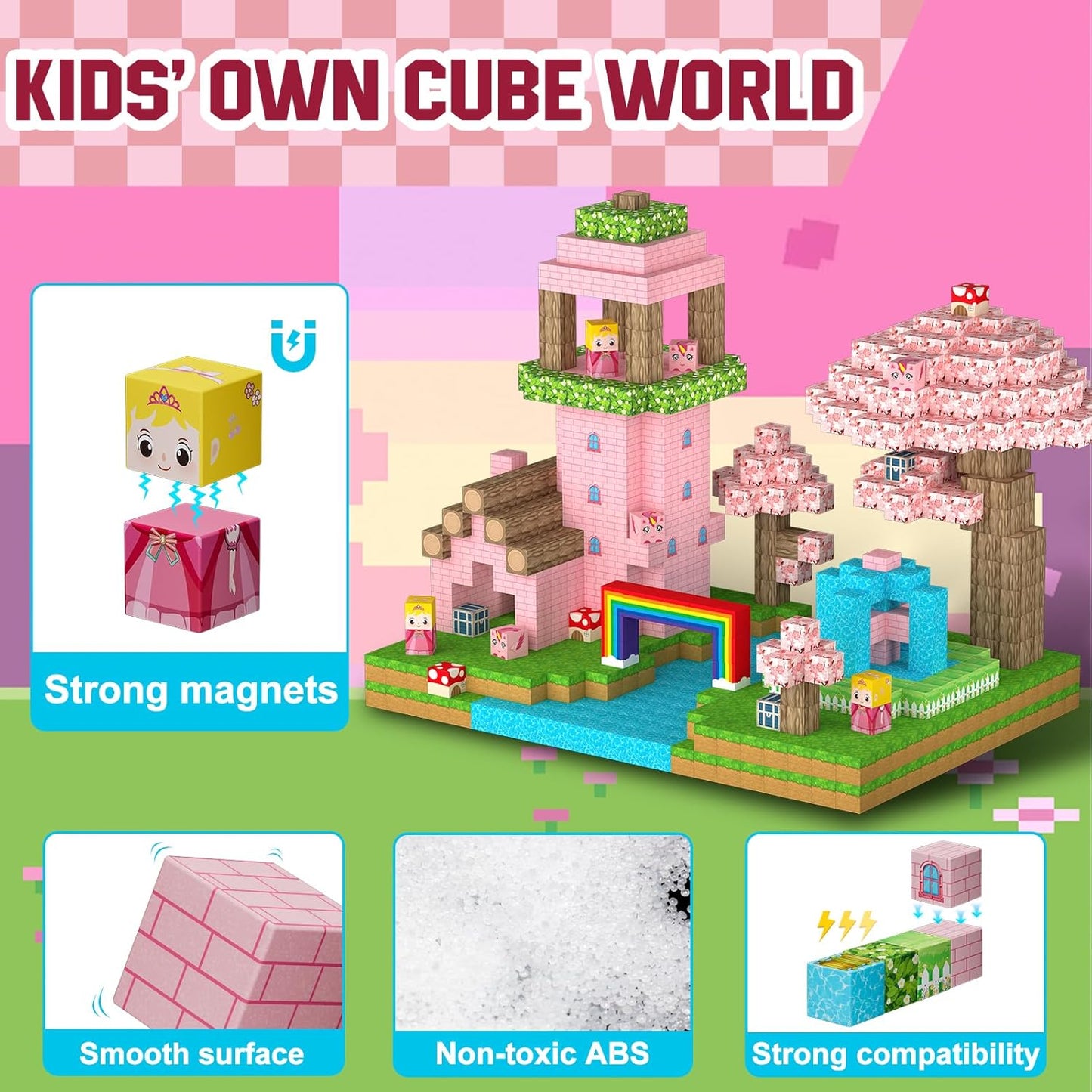 100PCS Magnetic Blocks - Princess Castle Building Forest World Set, STEM Sensory Gifts for Princess, Creative Kids Games, Building Toys for 3+ Years Old Girls, Magnets Game for Toddler (Pink)
