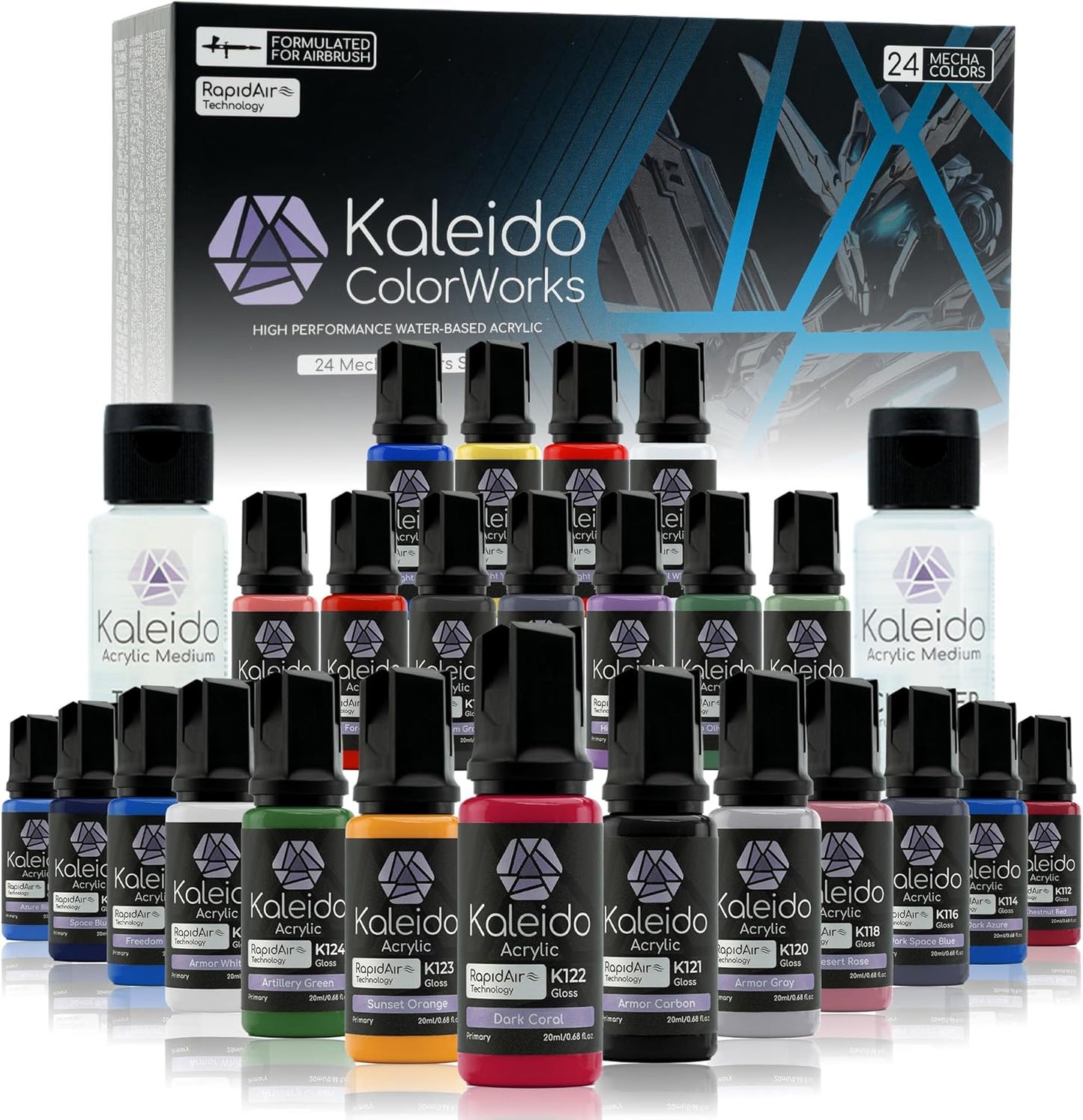 Gaahleri Kaleido Mecha 24-Color Set – Water-Based Acrylic Airbrush Paint Kit for Scale Models, Gundam, Gunpla,Mecha,Cars & Miniatures – Pre-Thinned, High Gloss, Fast-Drying, with Thinner & Cleaner