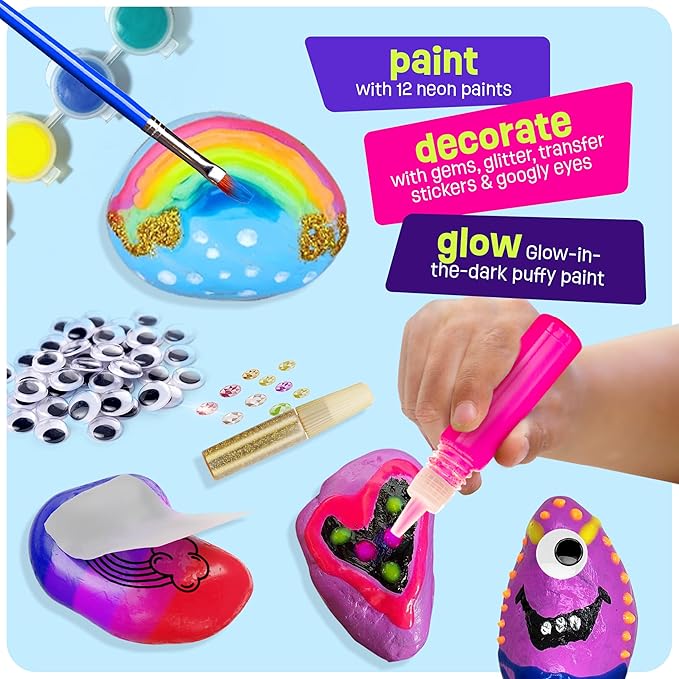 Dan&Darci Kids Rock Painting Kit - Glow in The Dark - Christmas Gifts Arts & Crafts for Boys and Girls Ages 6-12 - Craft Activities Kits - Creative Art Toys for 6, 7, 8, 9, 10, 11 & 12 Year Old Kid