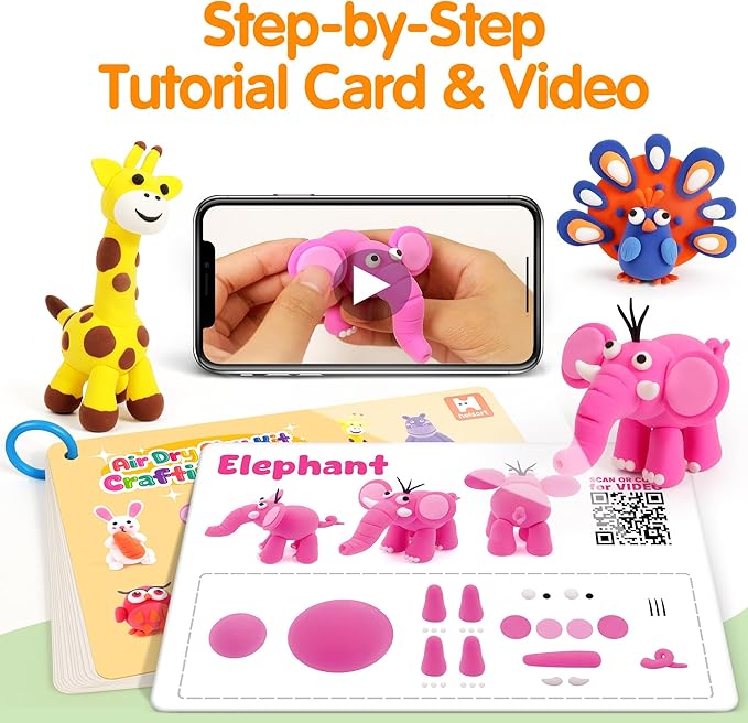 Air Dry Clay Kit for Kids, 12 Animals Modeling Clay with Tutorial Cards & Video, 8 Sculpting Tools, Ultra Light, Safe & Non-Toxic, Arts and Crafts Toys Christmas Gifts for Boys Girls