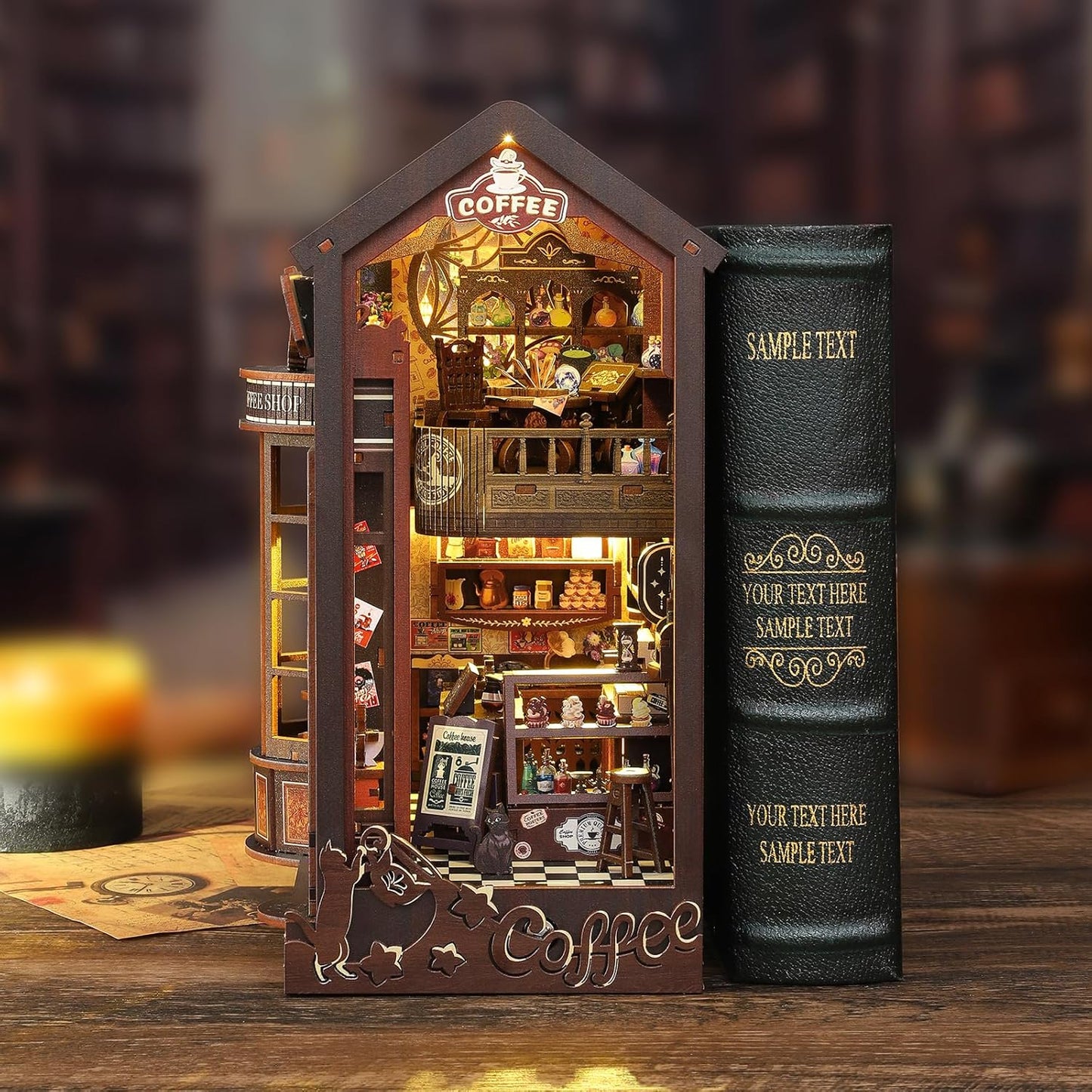 DIY Book Nook Kit, Miniature Dollhouse Bookshelf Insert with Light, Laser-Cut Wooden Craft Set for Adults, Perfect for Teens and Adults, Coffee Shop