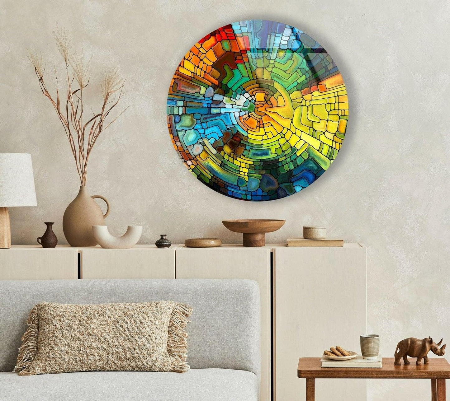 My Photostation.com 10''(25cm) Diameter Stained Yellow Round Glass Wall Art Tempered Glass Printing Wall Decor Large Wall Art Wall Hangings