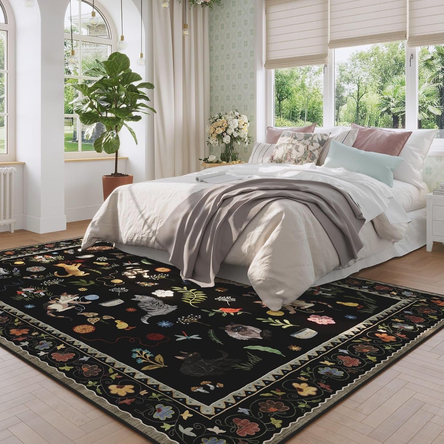 Rugcomf Living Room Rug 6x9 Rug Machine Washable Boho Area Rug Non Slip Floral Animal Cat Vintage Low Pile Large Rug for Living Room Bedroom Farmhouse Dining Room Kids Playroom, Black