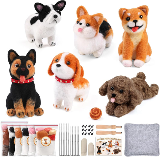 Mayboos 6 Pcs Needle Felting Kit, Animal Needle Felting Beginner Kits Wool Felt Needle Felting Tools with Instruction for DIY Craft Animal Home Decoration (Cute Dog)