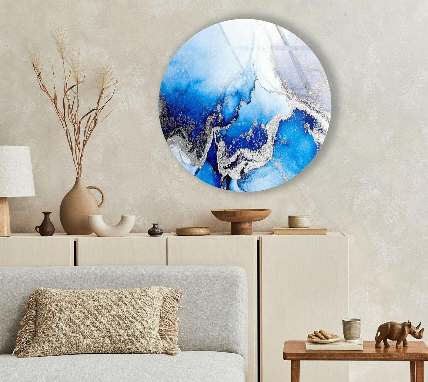 My Photostation.com 24''(60cm) Diameter Blue Marble Round with Silver Details Glass Wall Art Tempered Glass Printing Wall Decor Large Wall Art Wall Hangings
