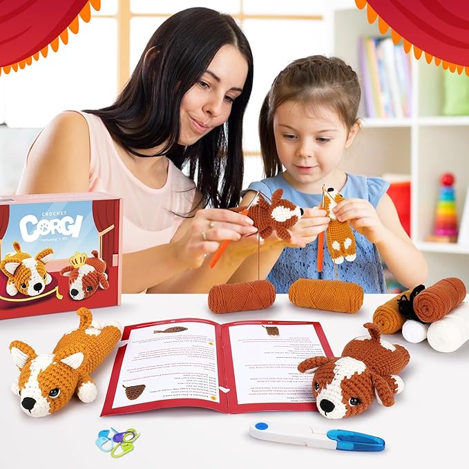 Fortuning's JDS Crochet Kit for Beginners, 2 Adorable Corgi Dog Crochet Animals Kits, Easy Beginner Crochet Kit for Adults & Kids, Women & Men, DIY Craft Knitting Kit with All Supplies