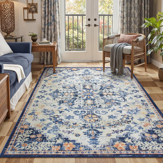 Lahome Large Area Rug 5x7 Washable Bohemian Rug for Bedroom Living Room, Medallion Non Slip Non Shedding Low Pile Printed Accent Indoor Floor Carpet for Dining Room Office Playroom, Blue Purple/Multi
