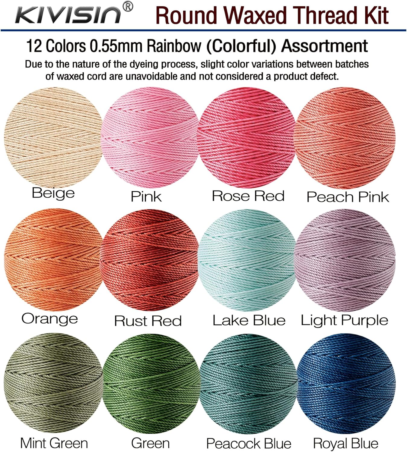 0.55mm Bonded Round Waxed Polyester Thread 76 Yards Each, 12 Rainbow Color Wax Coated String Thin Cord for Micro Macrame, Bracelets Braided, Leather Sewing, Stitching, Beading and Bookbinding