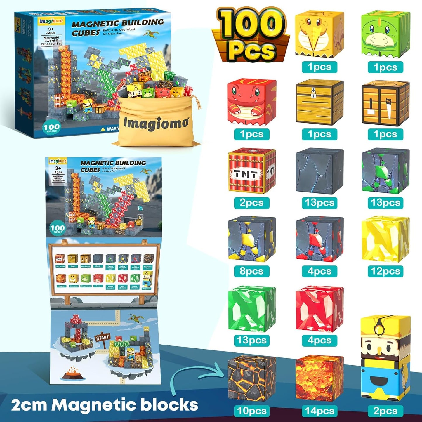 100PCS Magnetic Blocks - Build Mine Magnet World Mine Adventure Set Dinosaur Toys, Creative Jurassic Kids Games for 3-5 5-7 8-12 Boys, Sensory STEM Outdoor Toys for Boys & Girls Birthday Gifts