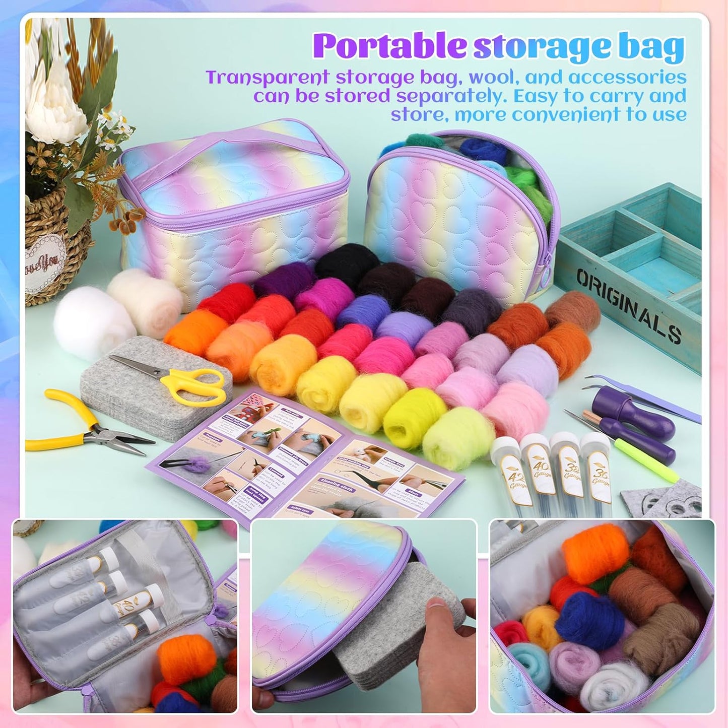 Mayboos Needle Felting Kit, 50 Colors Wool Roving Set, Needle Felting Starter Kit for Beginners with Wool Felting Tool Mat Needle Felting Supplies for DIY Crafts Home Decoration