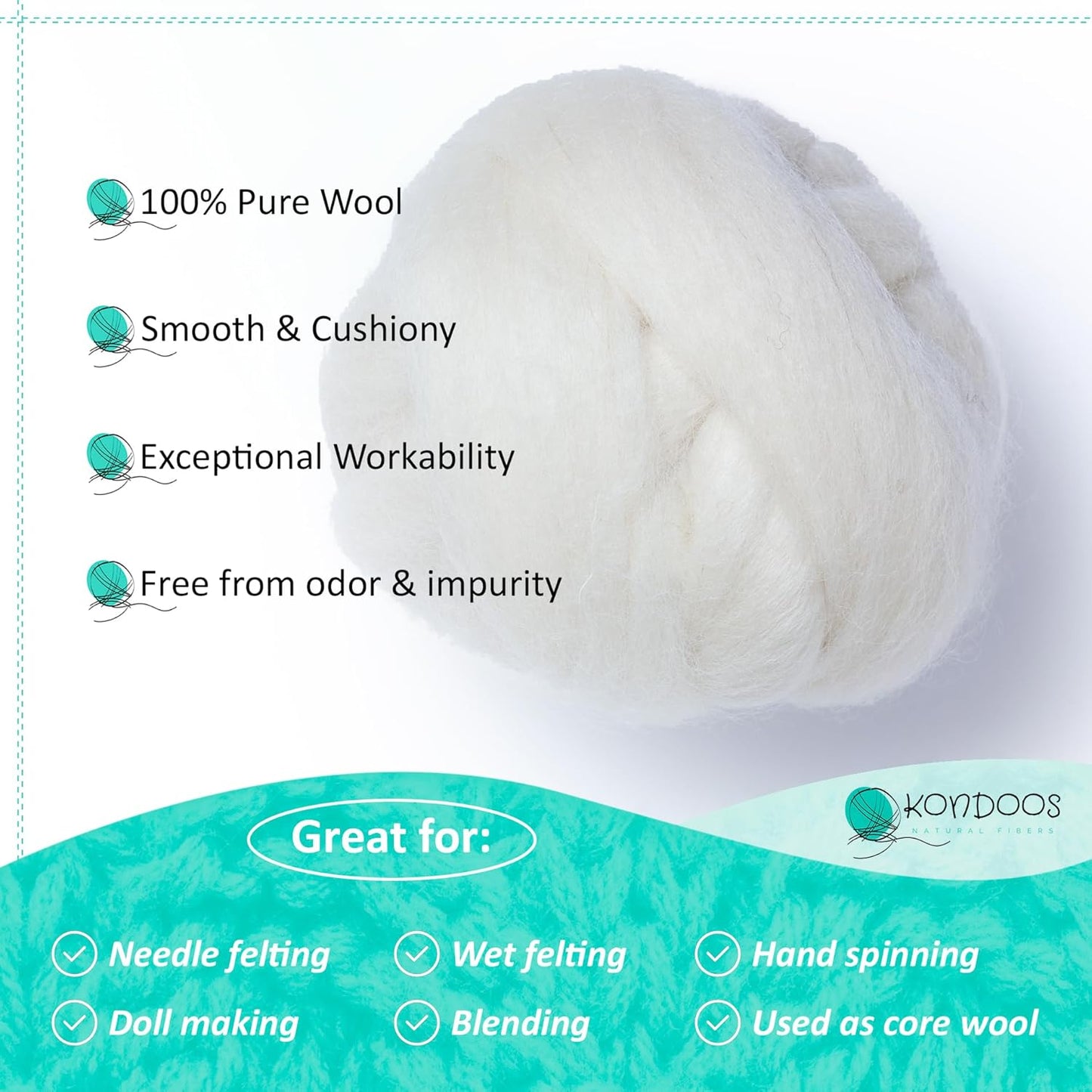 Natural Wool roving, 8 OZ. Best for Needle Felting, handcrafts and Spinning. Natural Colours, un-Dyed. (White Ecru, 8 oz)