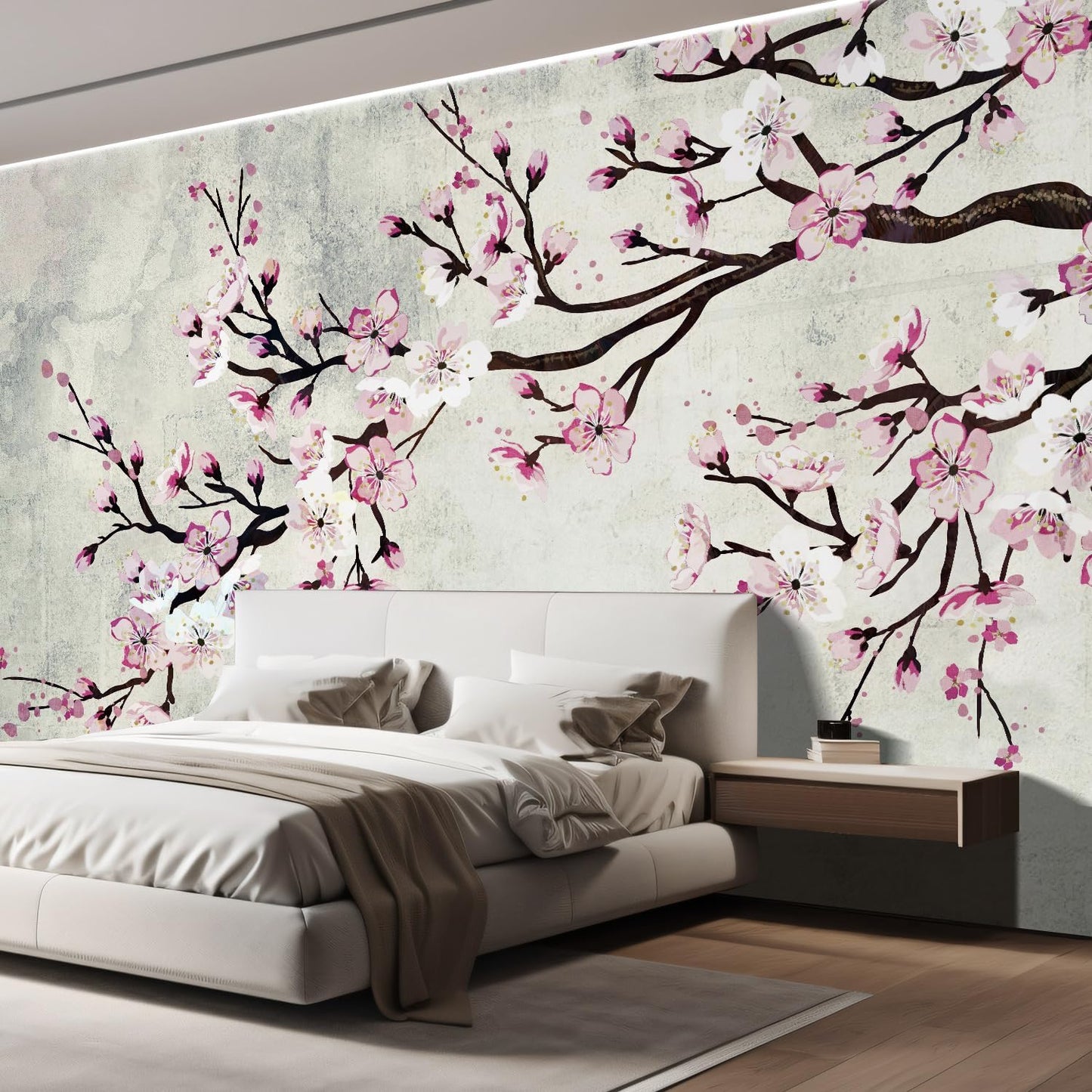 wall26 Large Wall Mural Watercolor Style Ink Painting Pink Cherry Blossom on Vintage Wall Background | Self- 132x168 inchesAdhesive Vinyl Wallpaper/Removable Modern Wall Decor - 132x168 inches