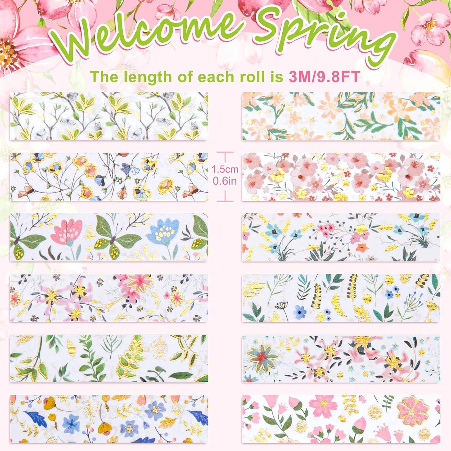 Whaline 12 Rolls Spring Floral Washi Tape Foil Gold Colorful Flowers Masking Tape 15mm Watercolor Plants Spring Decorative Washi Tape Sticker for Holiday Scrapbook Journal DIY Craft Gift Wrapping