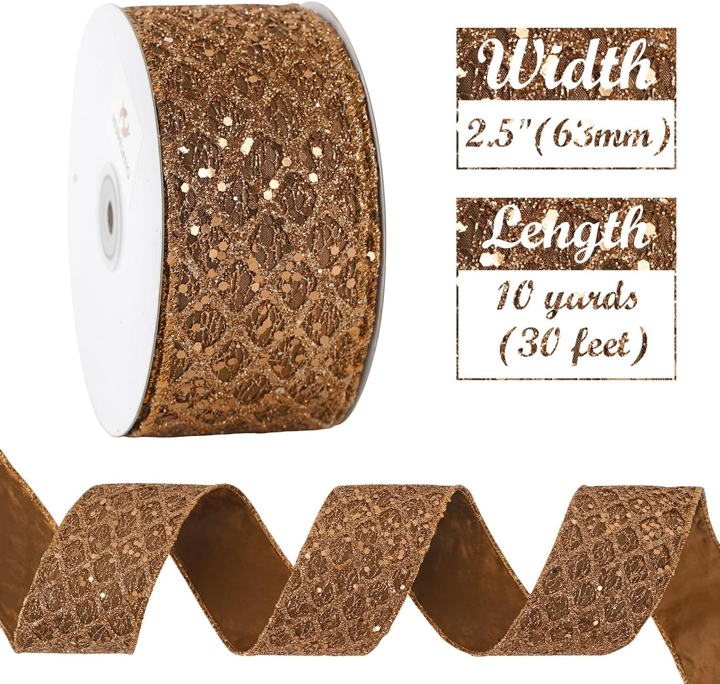 HUIHUANG Glitter Copper Wired Ribbon 2.5 inch Copper Diamond Mesh Wire Edge Ribbon for Christmas Tree, Thanksgiving Fall Decor, Wreaths, Garland, Gift Wrapping, Bows Making -10 Yards