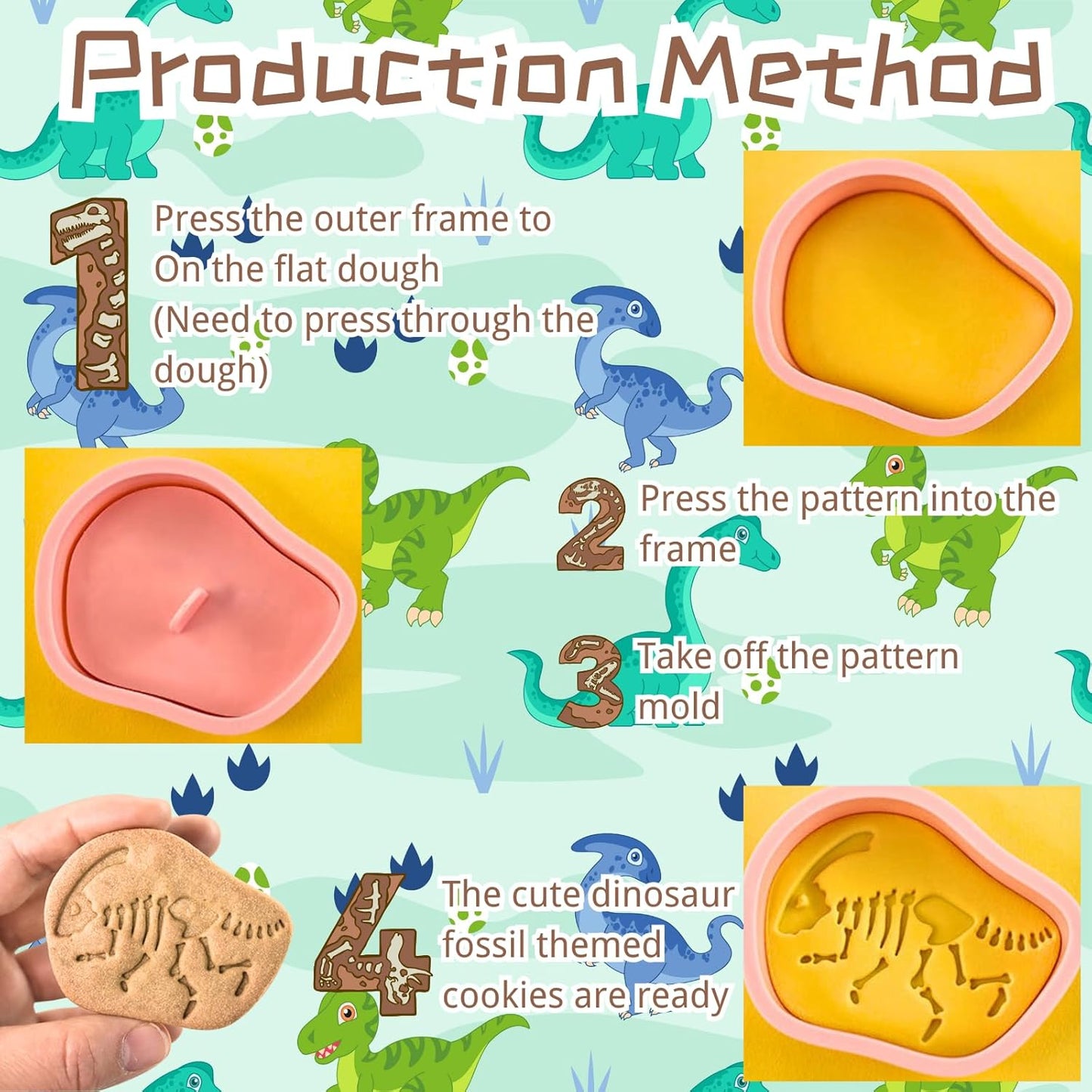 Dinosaur Fossil Cookie Cutter Set – 8pcs 3D Plastic Cookie Stamps – Fun Dino Skeleton Cookie Molds – Food Grade Kids Baking Set for Dinosaur-Themed Cookies, Cakes & Treats