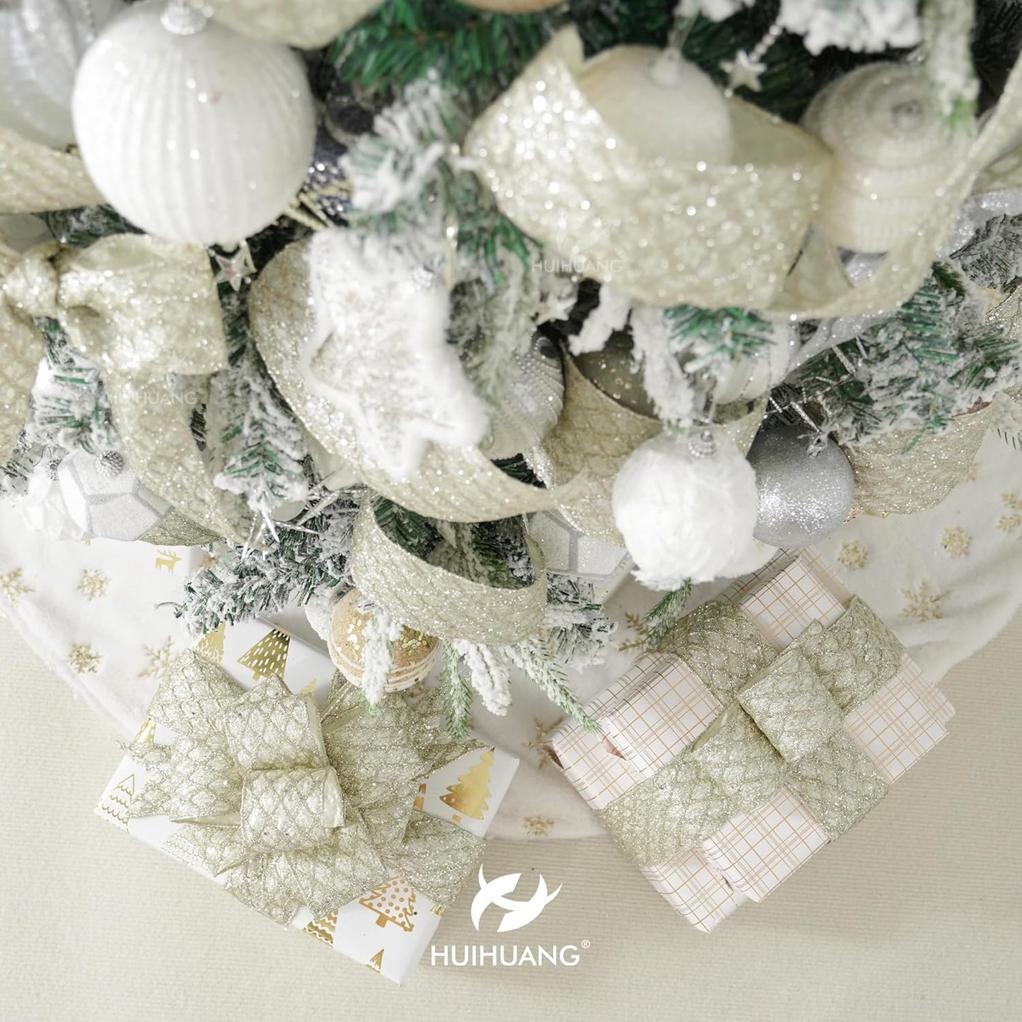 HUIHUANG Champagne Glitter Wired Ribbon for Christmas Tree 2.5 inch Light Champagne Diamond Mesh Ribbon for Tree Decoration, Wreaths, Garland, Gift Wrapping, Bows Making, Home Decor -10 Yards