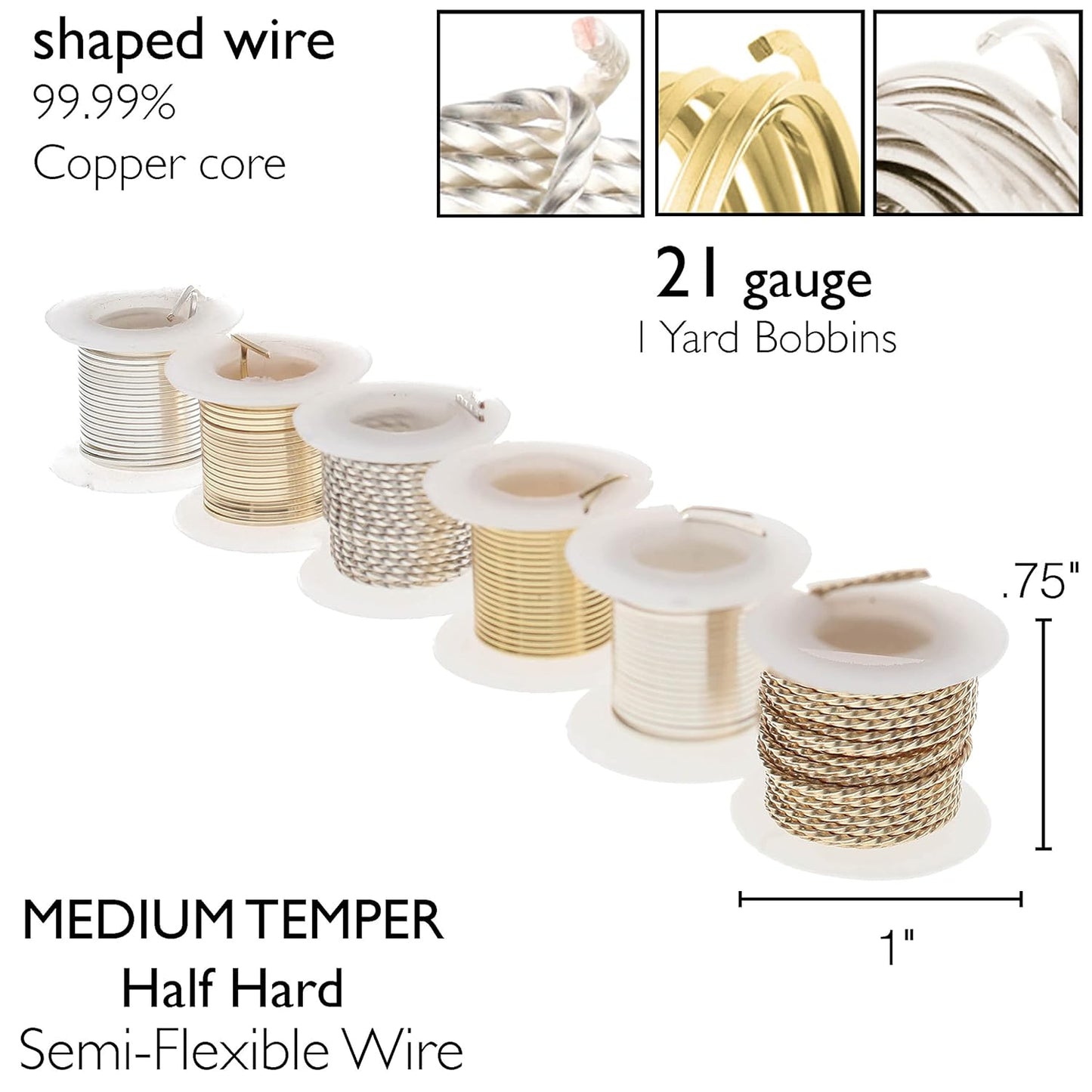The Beadsmith Craft Wire Assortment - Tarnish-Resistant Copper Wire for Jewelry Making, 21 Gauge, 6-Pack, 0.75-Inch Mini Spools, 2 Yd Each, Assorted Colors & Shapes, Medium Temper