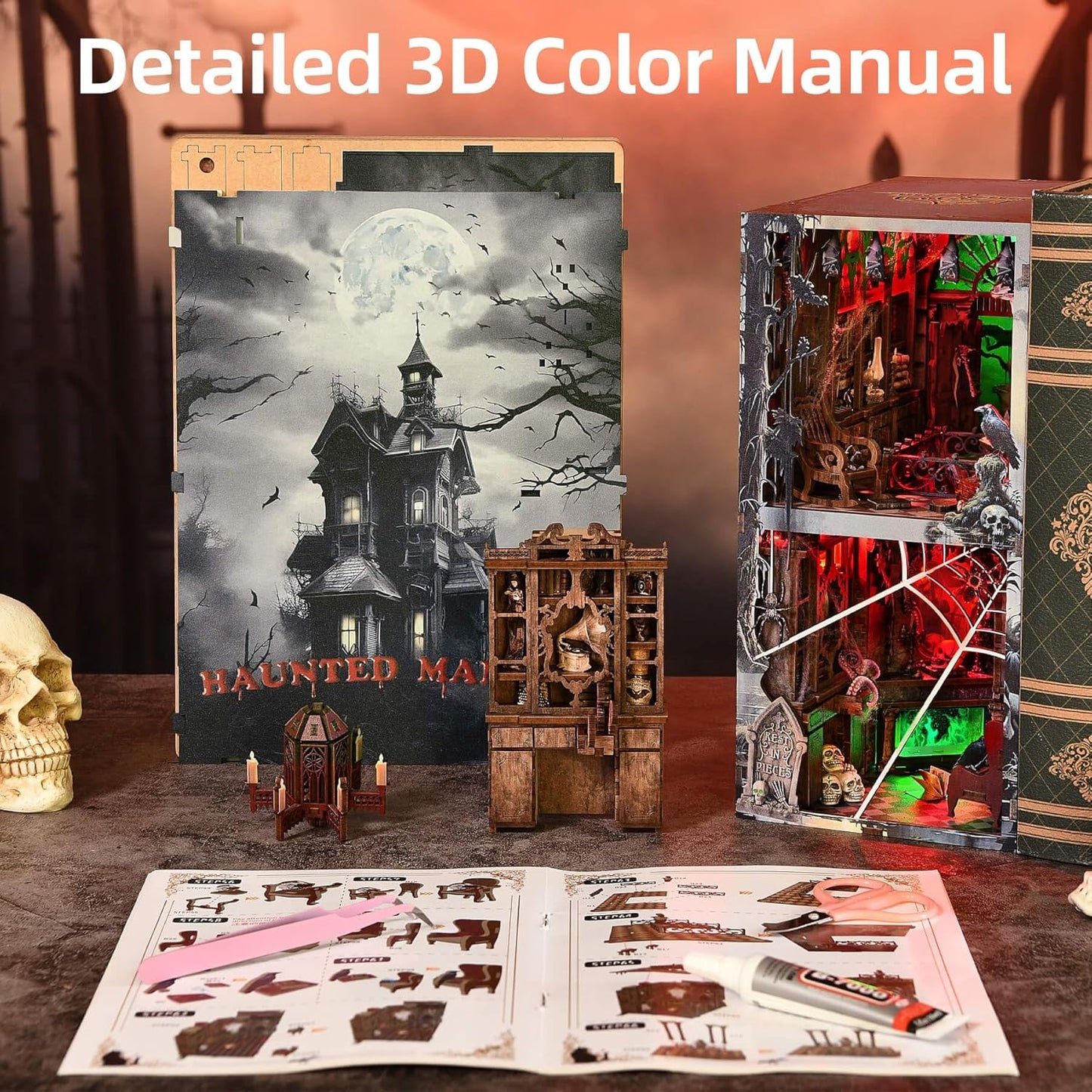 Haunted House Halloween Book Nook Kit, Spooky Shelf Insert Bookshelf Diorama Horror Art Miniature Decor, Creepy Scary Wooden Puzzle Booknook (Haunted Mansion)